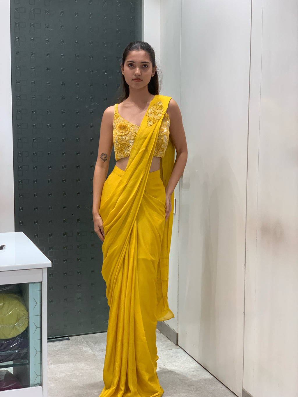 Mustard Imported Satin Crop Top & Drape Saree