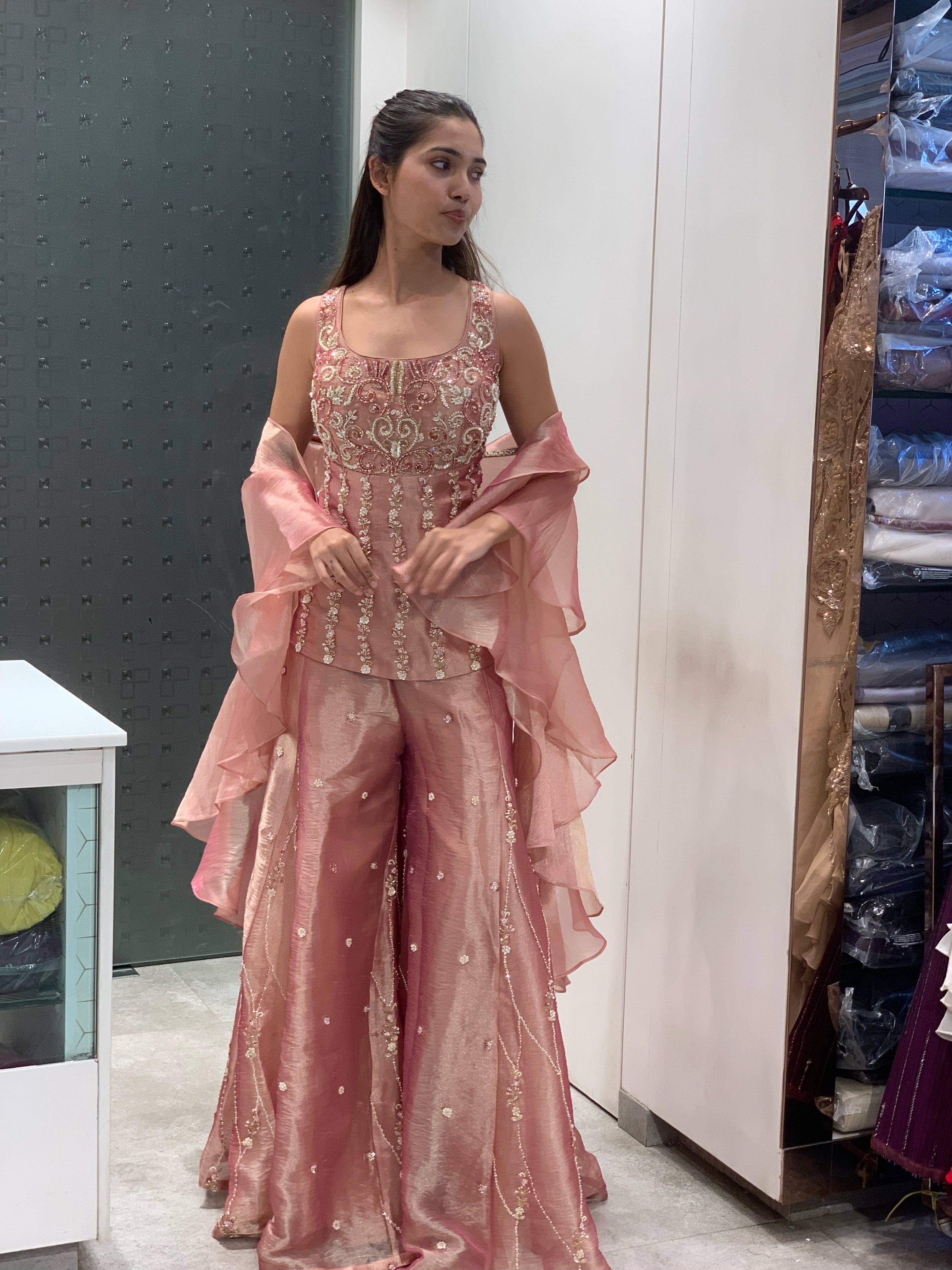 Rose Gold Tissue Handwork Short Kurti & Sharara Set