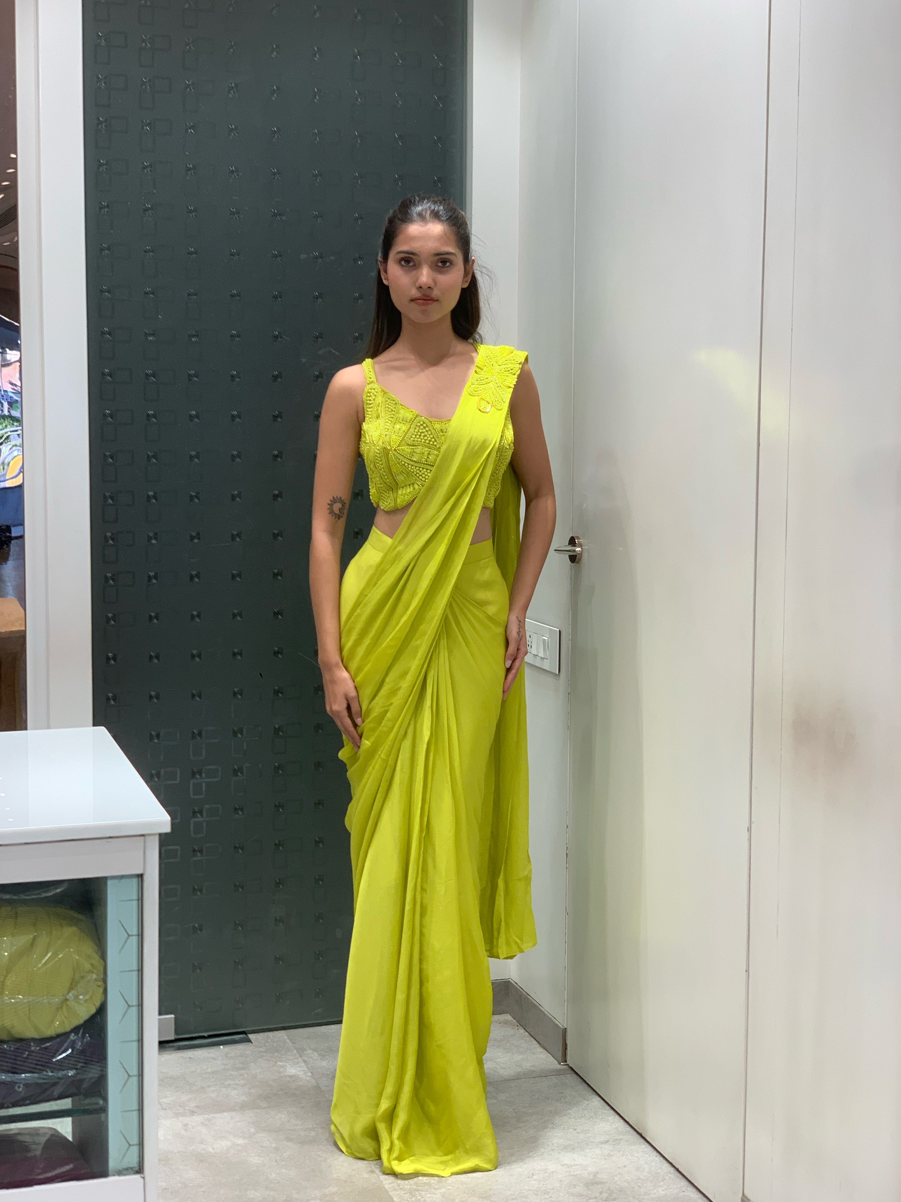 Parrot Green Satin Crop Top & Drape Saree