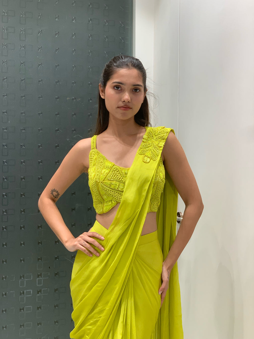 Parrot Green Satin Crop Top & Drape Saree