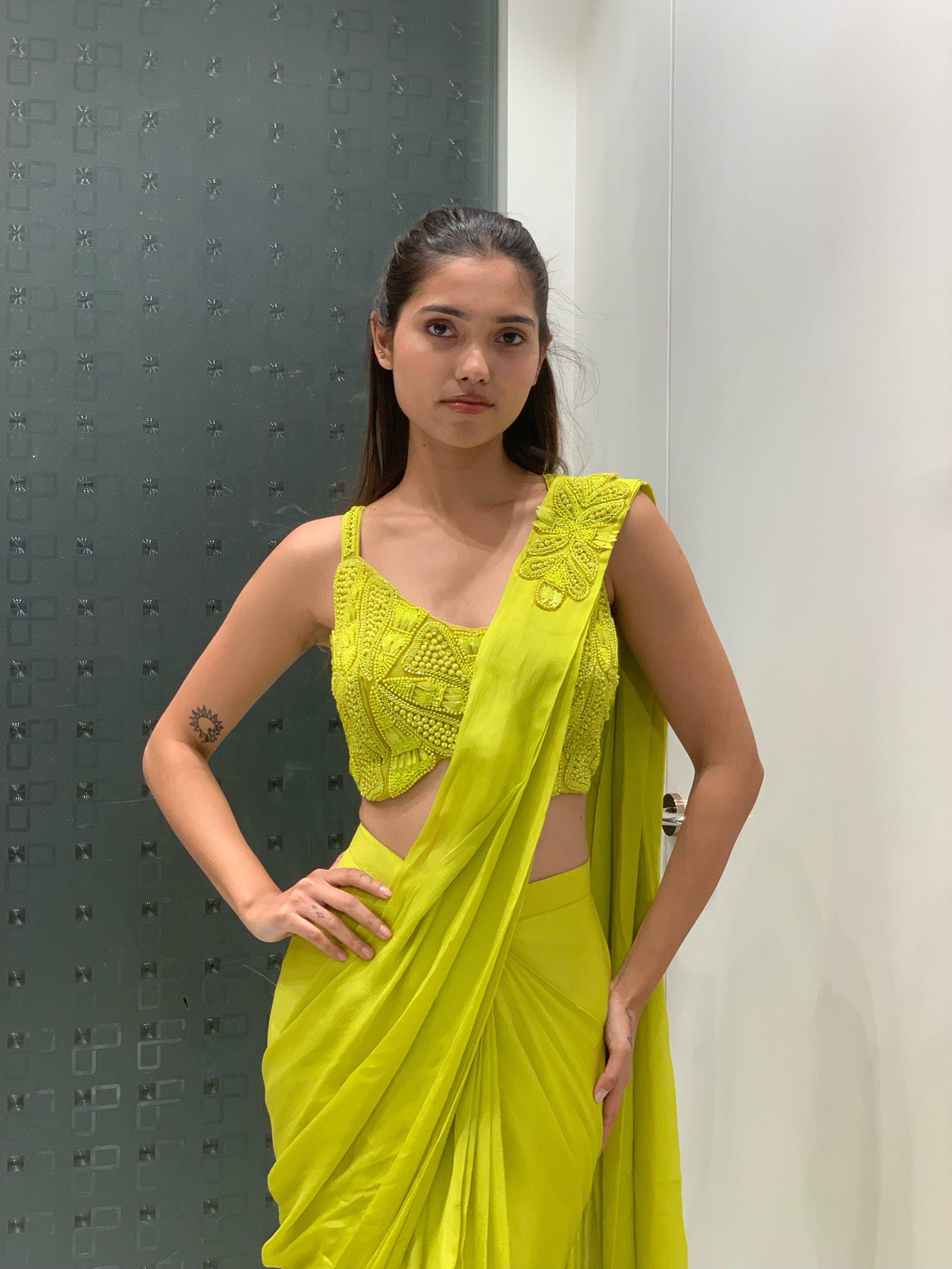 Parrot Green Satin Crop Top & Drape Saree