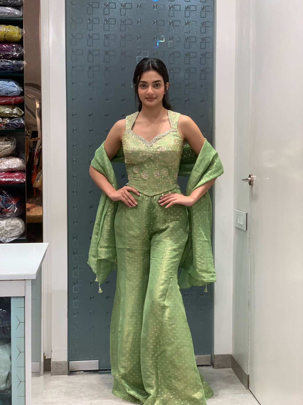 Green Banarasi Corset Top & Bell Bottom Pants Indo Western Set
