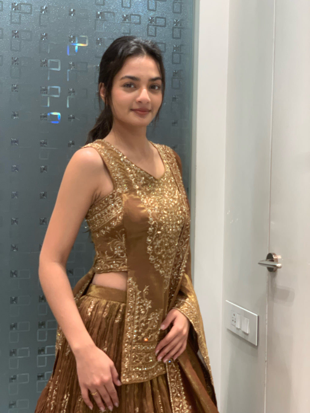 Dark Brown Short Kurta & Lehenga Set