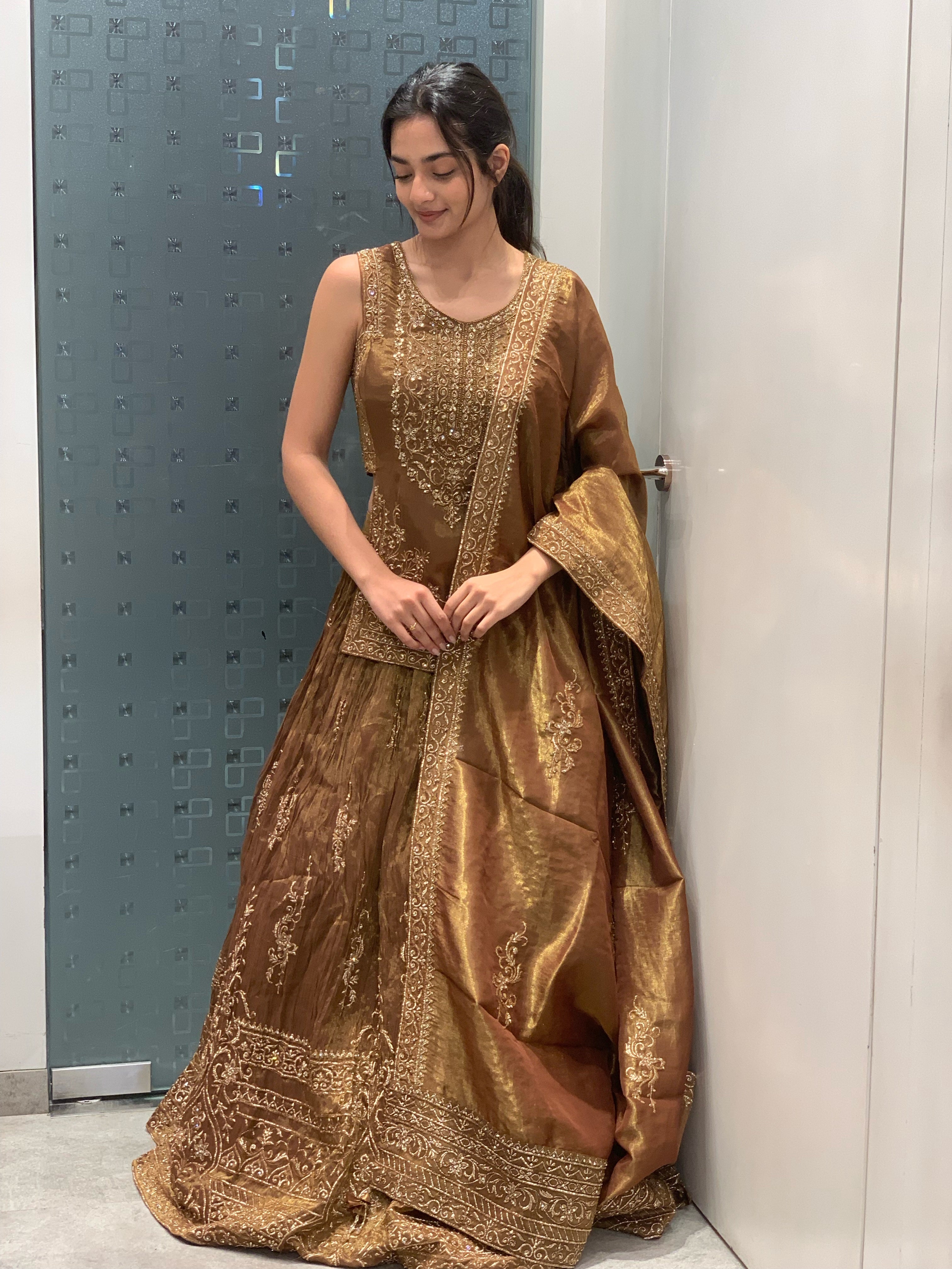 Dark Brown Short Kurta & Lehenga Set