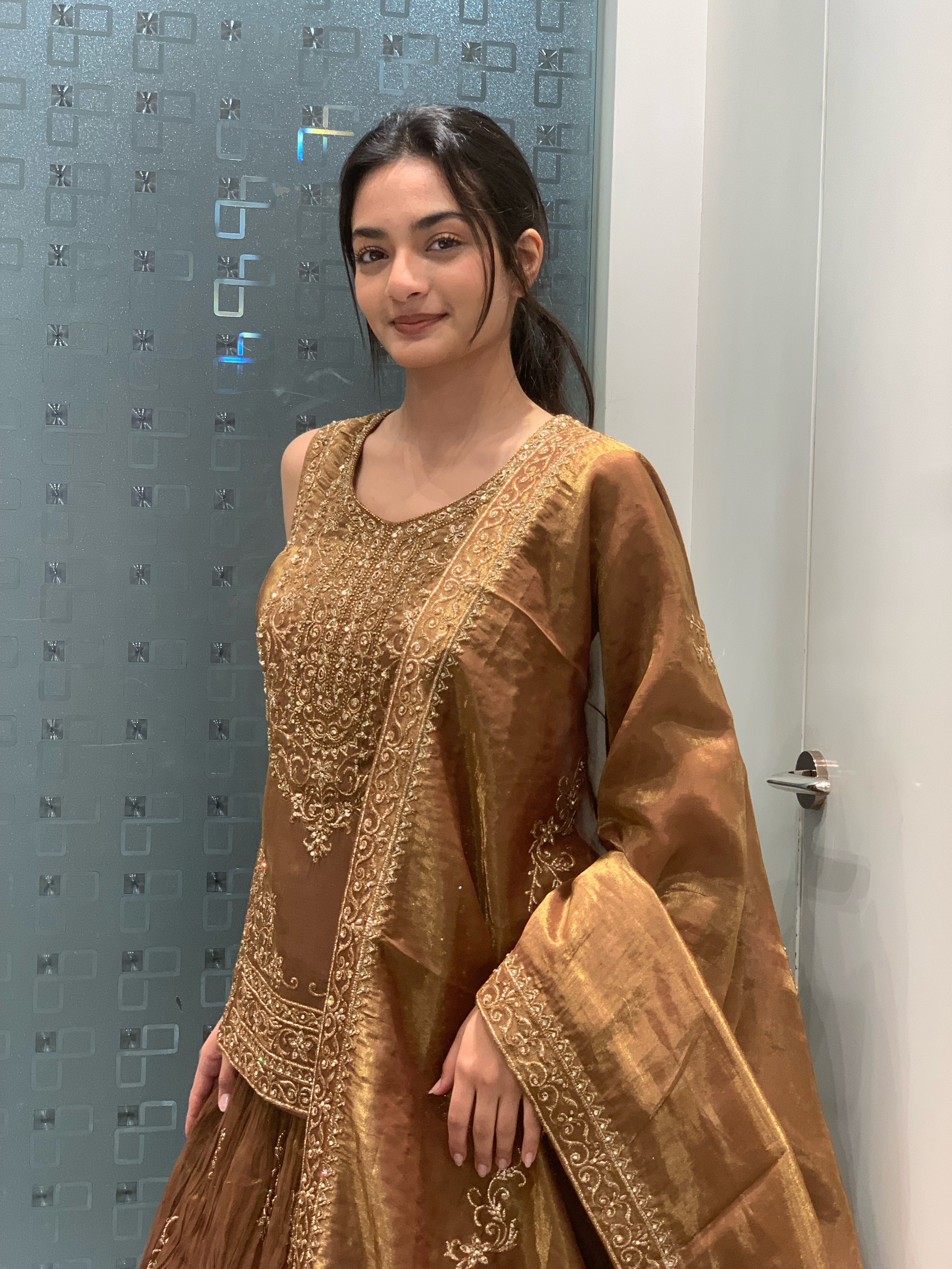 Dark Brown Short Kurta & Lehenga Set
