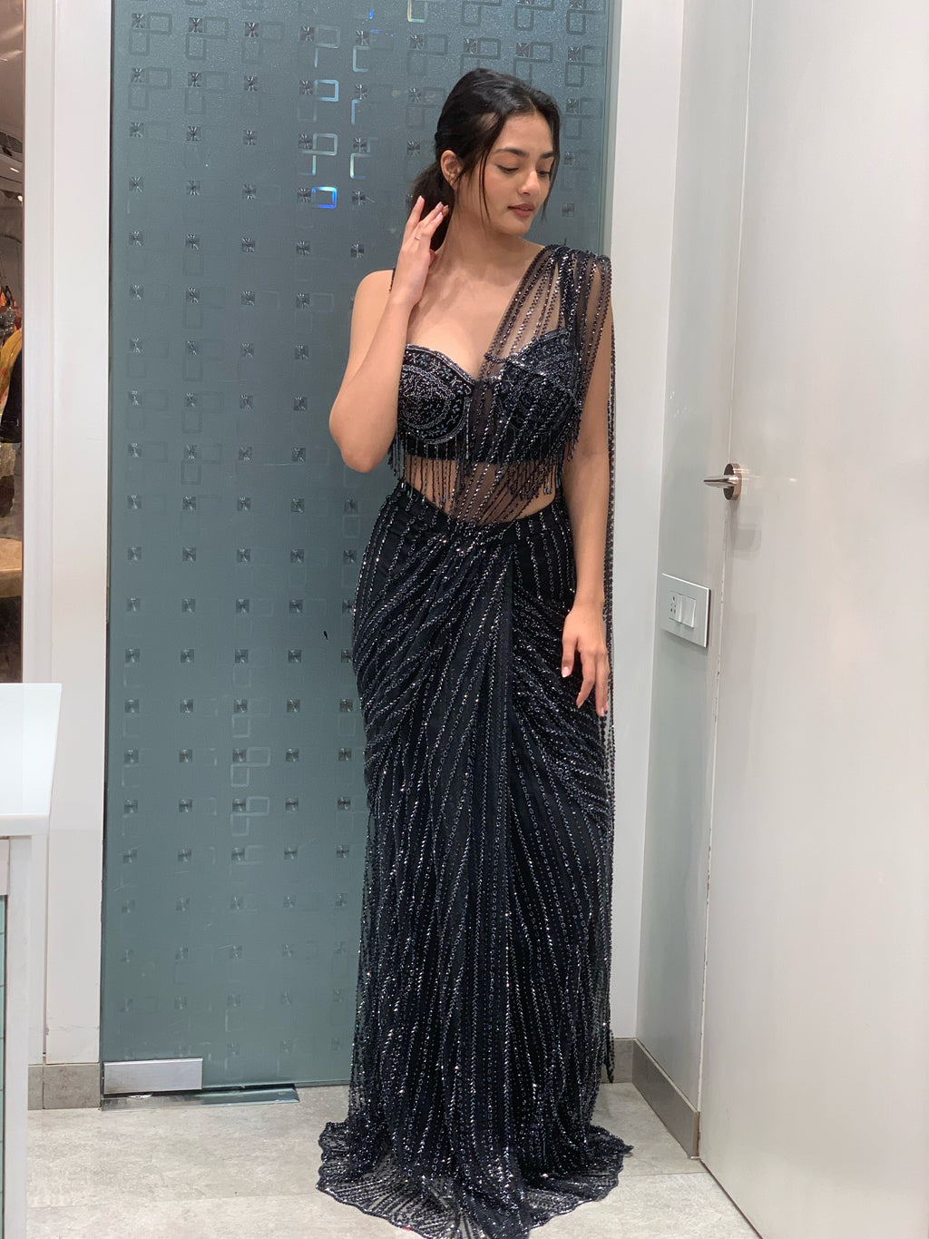Black Heavy Bead Work Drape Saree
