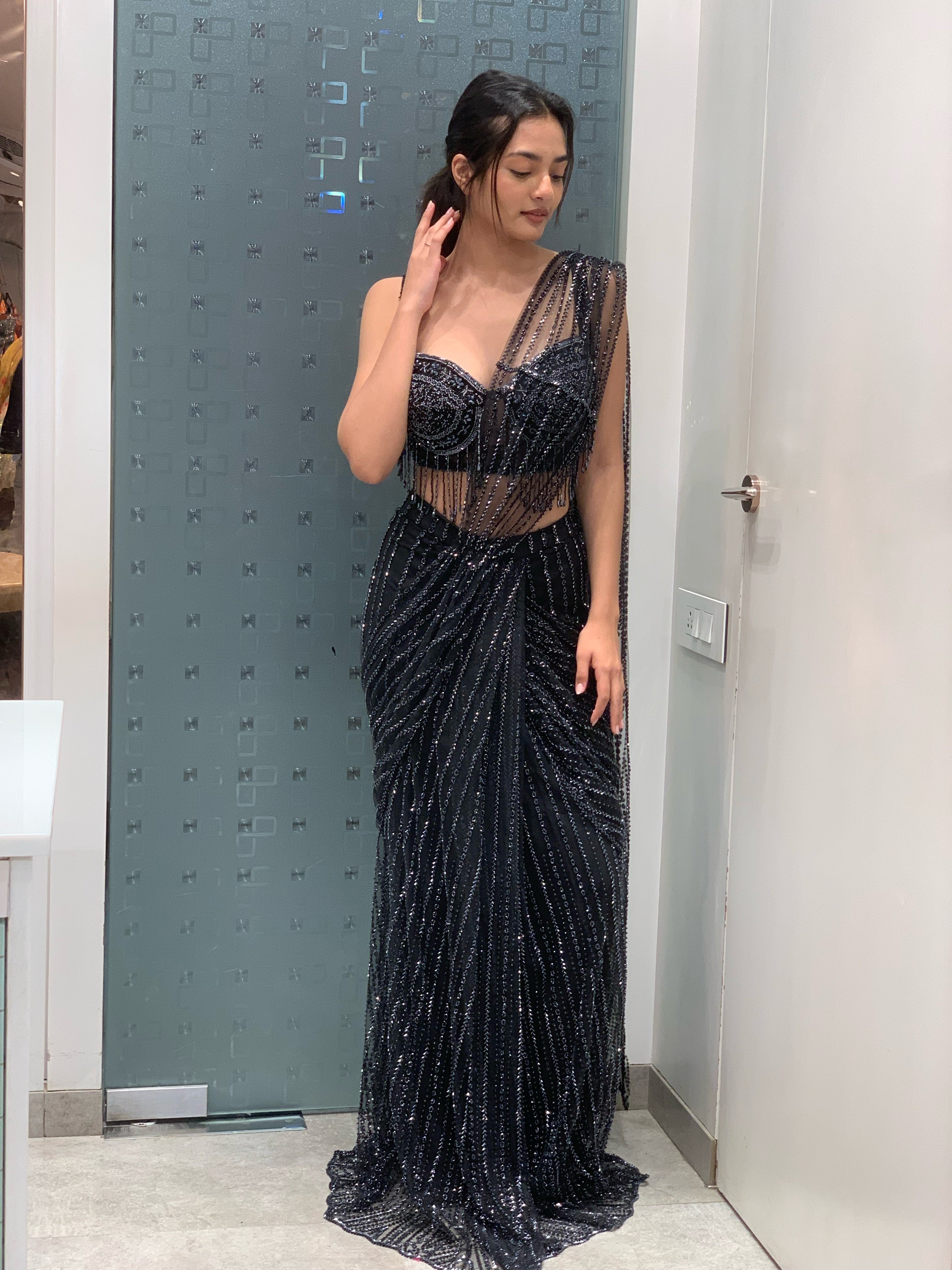 Black Heavy Bead Work Drape Saree