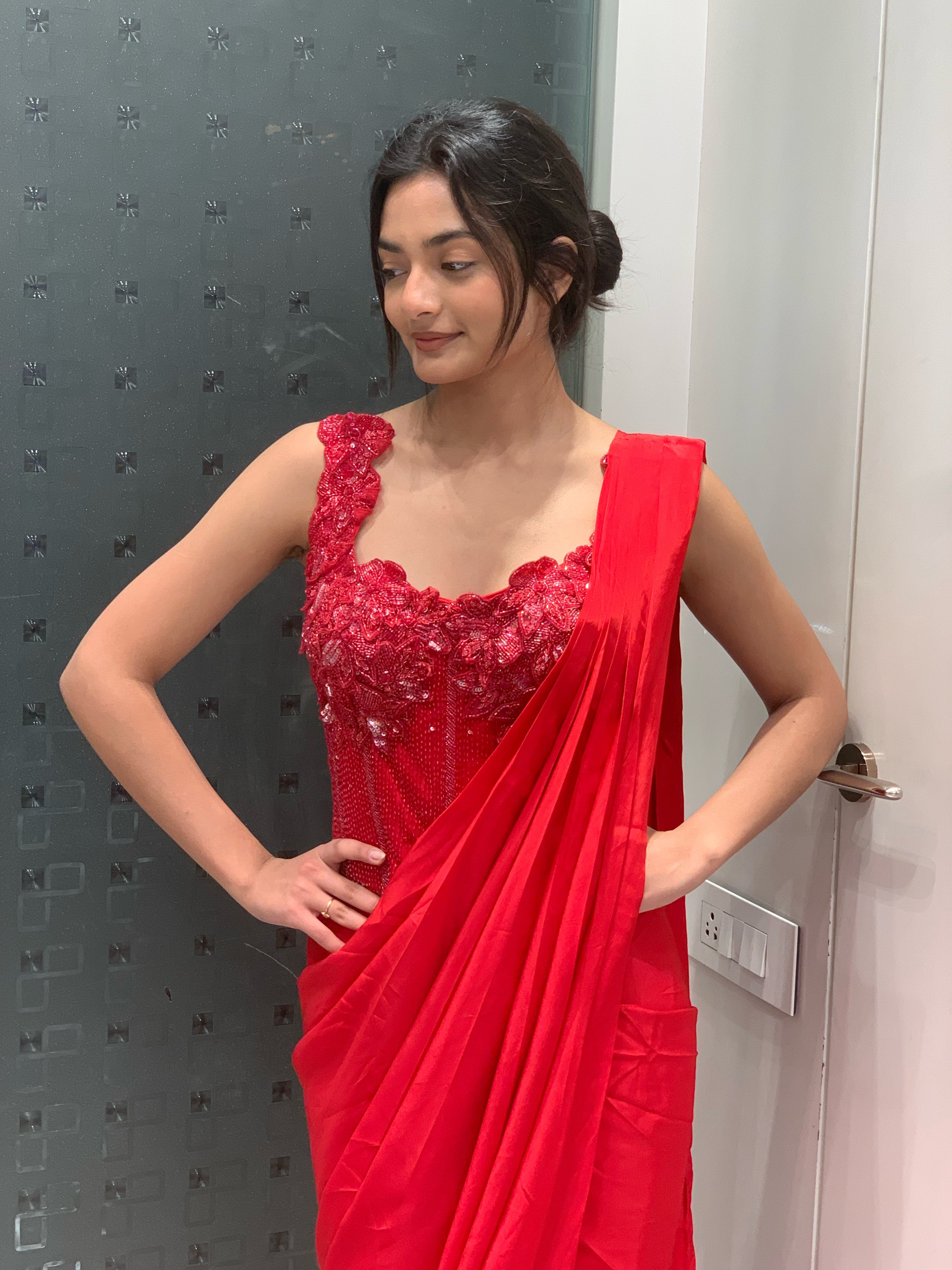 Red Satin Silk Applique Corset Top & Drape Saree