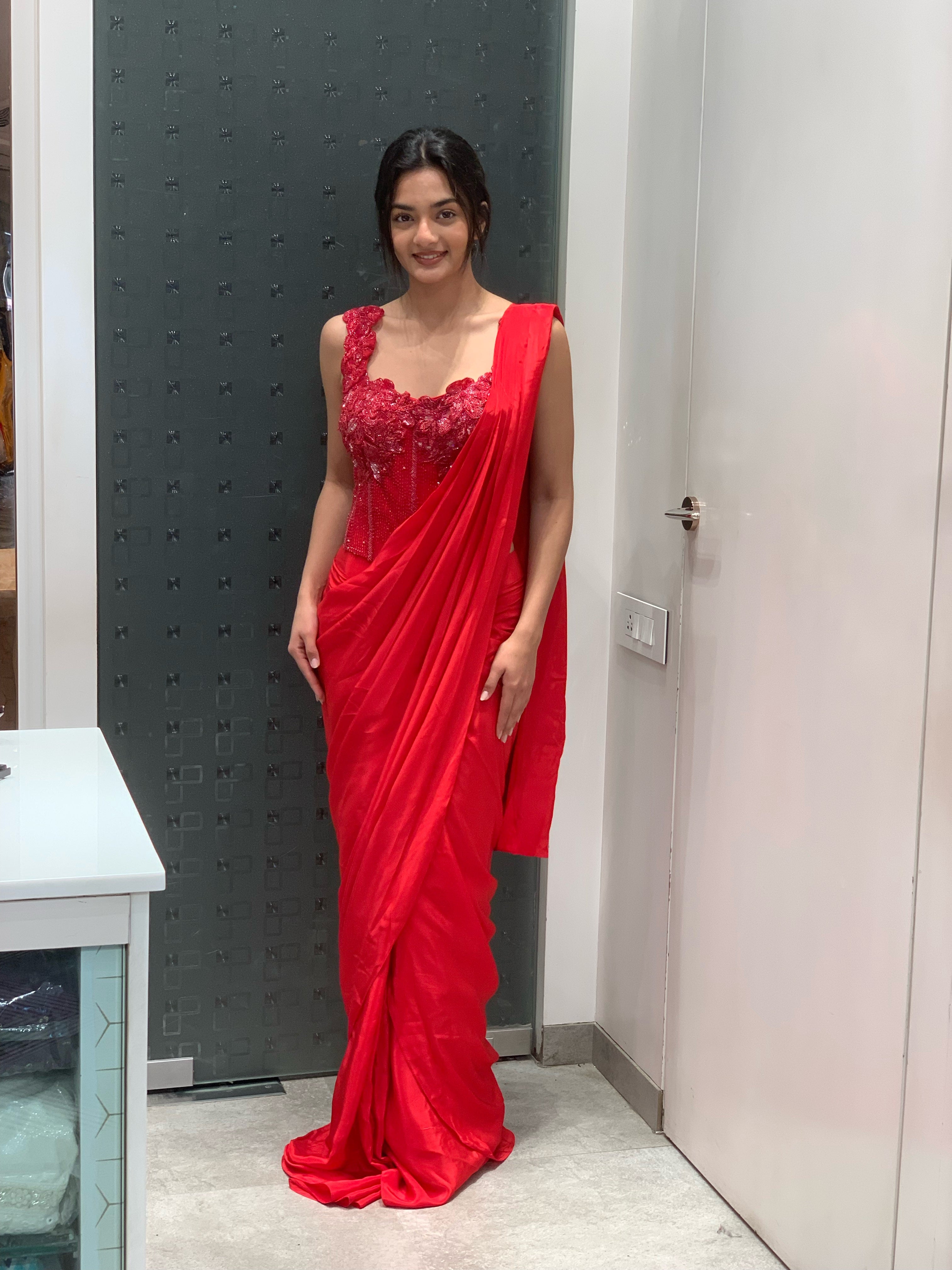 Red Satin Silk Applique Corset Top & Drape Saree