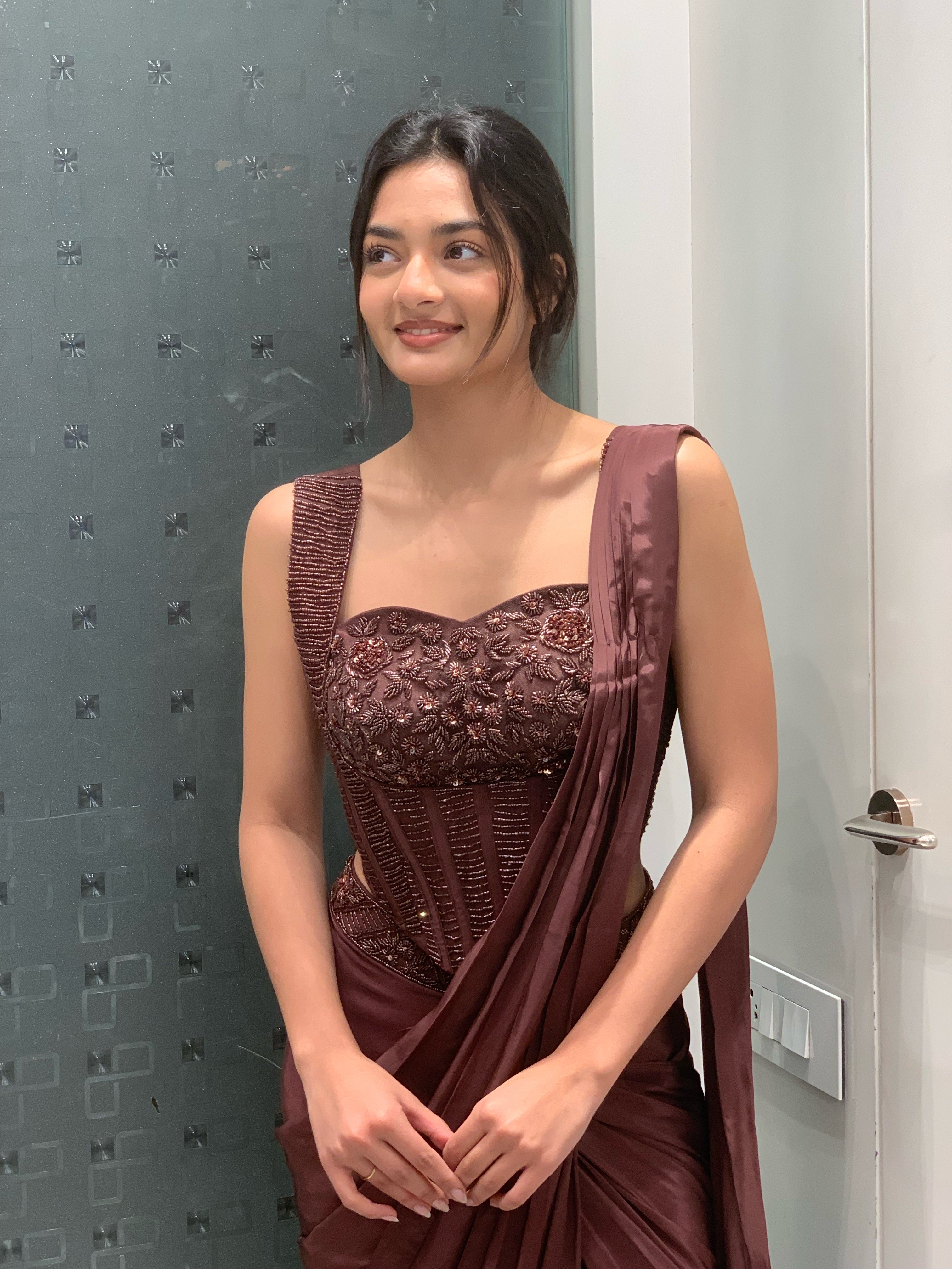 Mocha Imported Satin Blouse & Drape Saree