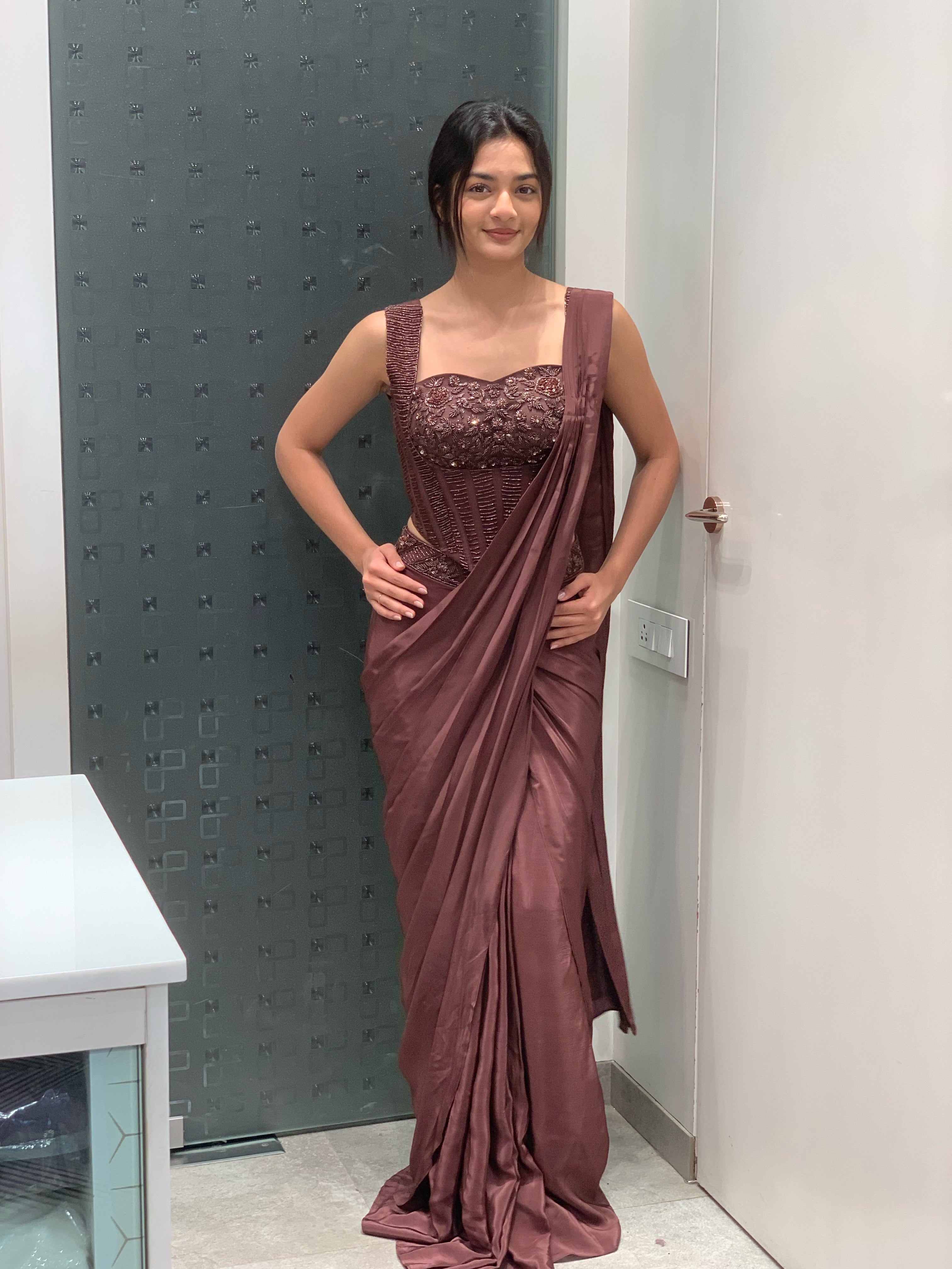 Mocha Imported Satin Blouse & Drape Saree