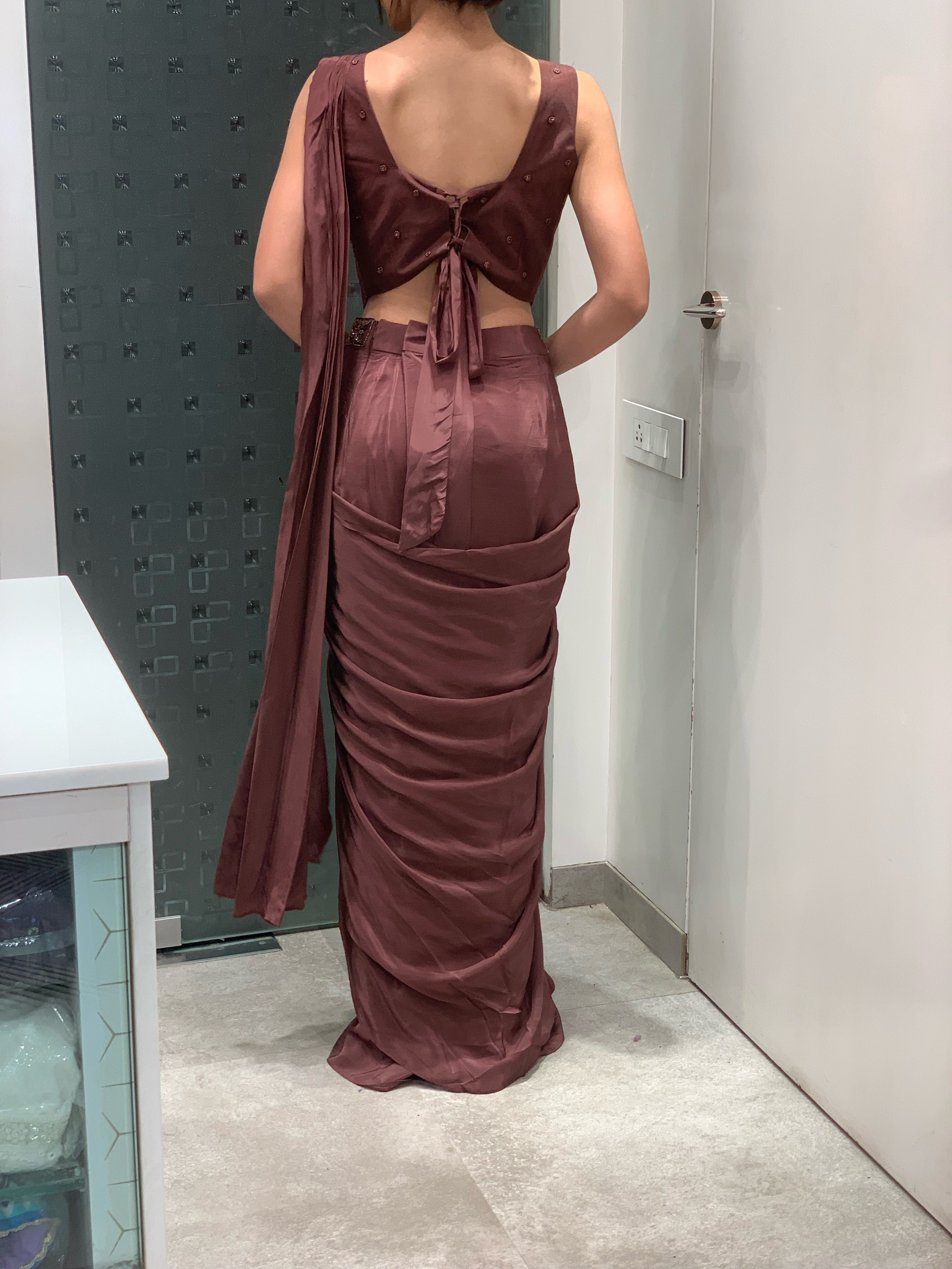 Mocha Imported Satin Blouse & Drape Saree