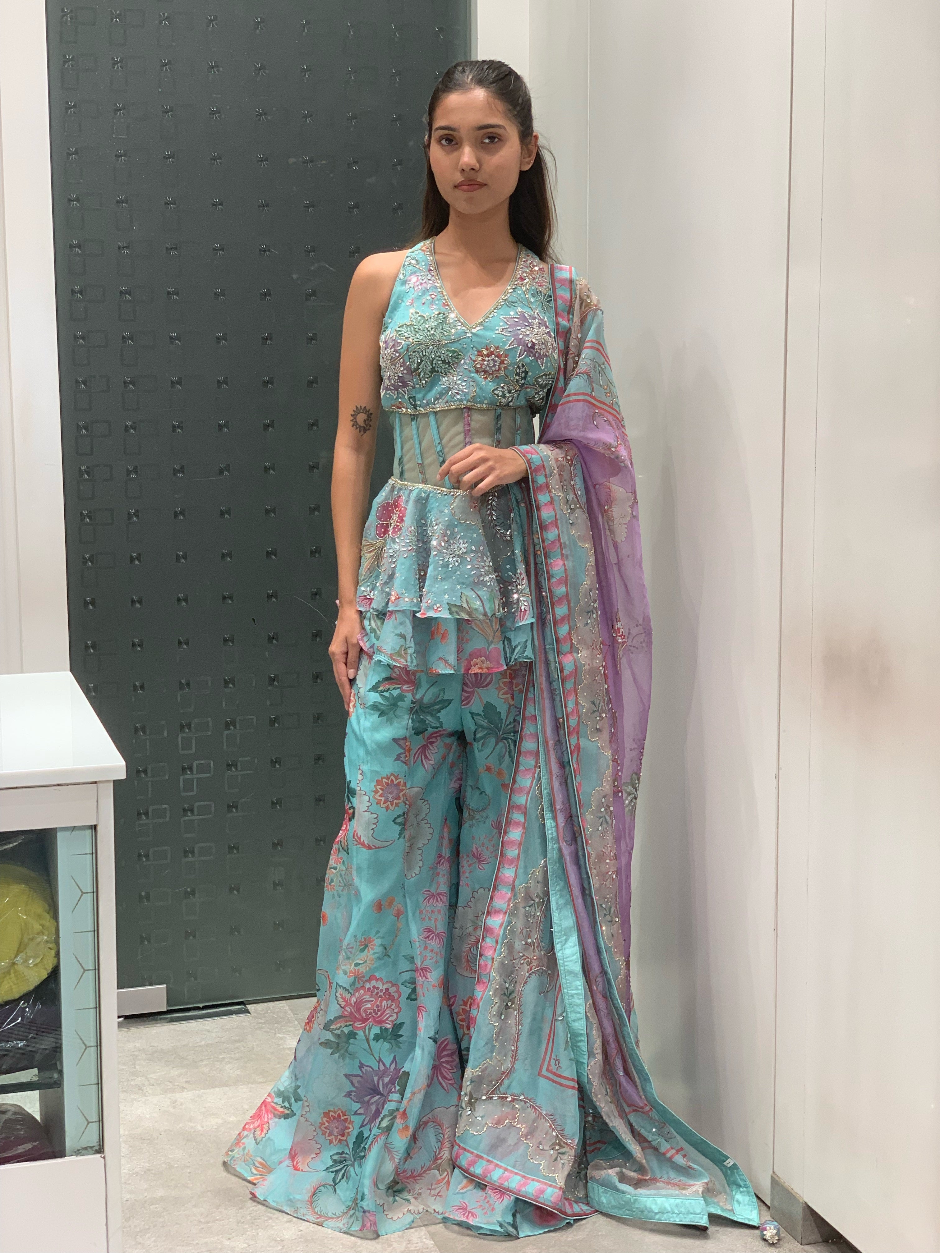 Blue Peplum Indo Western Sharara Set