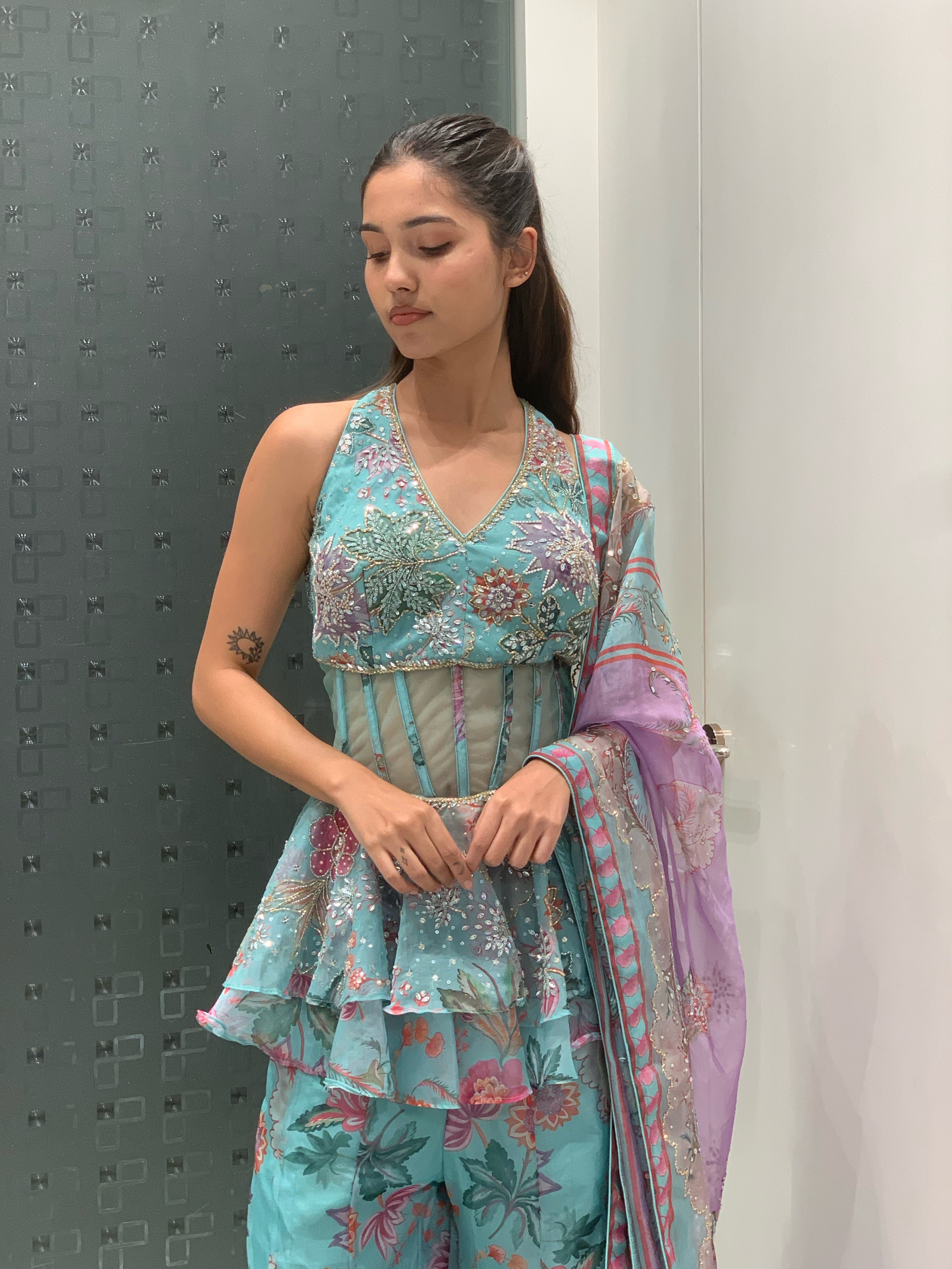 Blue Peplum Indo Western Sharara Set