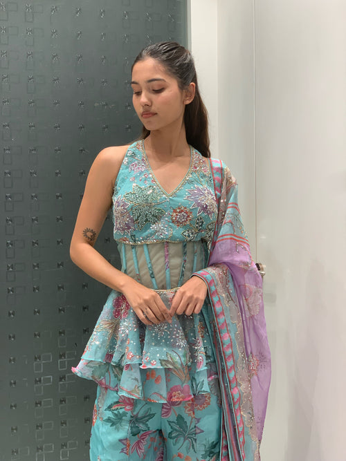 Blue Peplum Indo Western Sharara Set