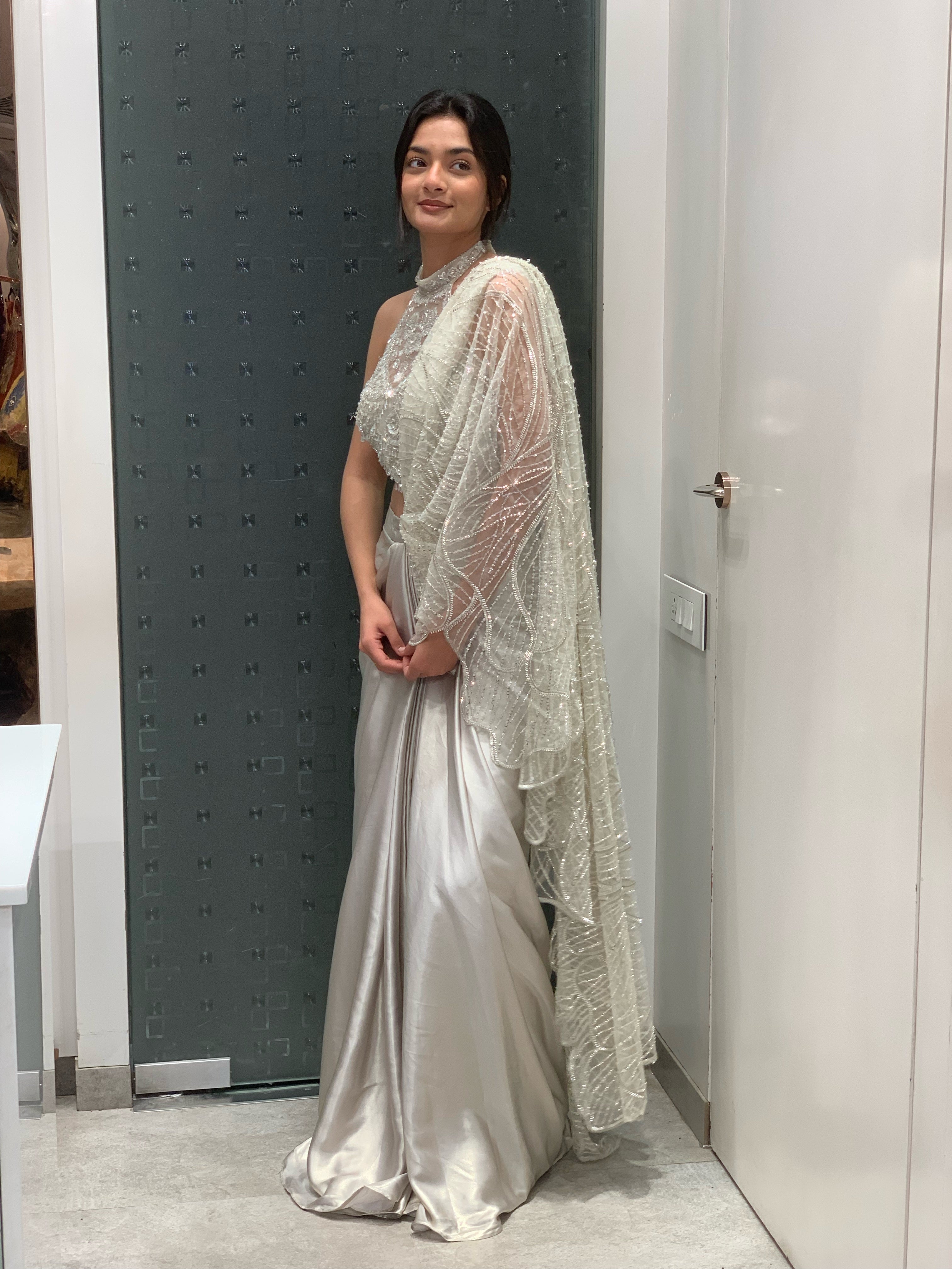 White Net Halter Neck Blouse & Drape Saree
