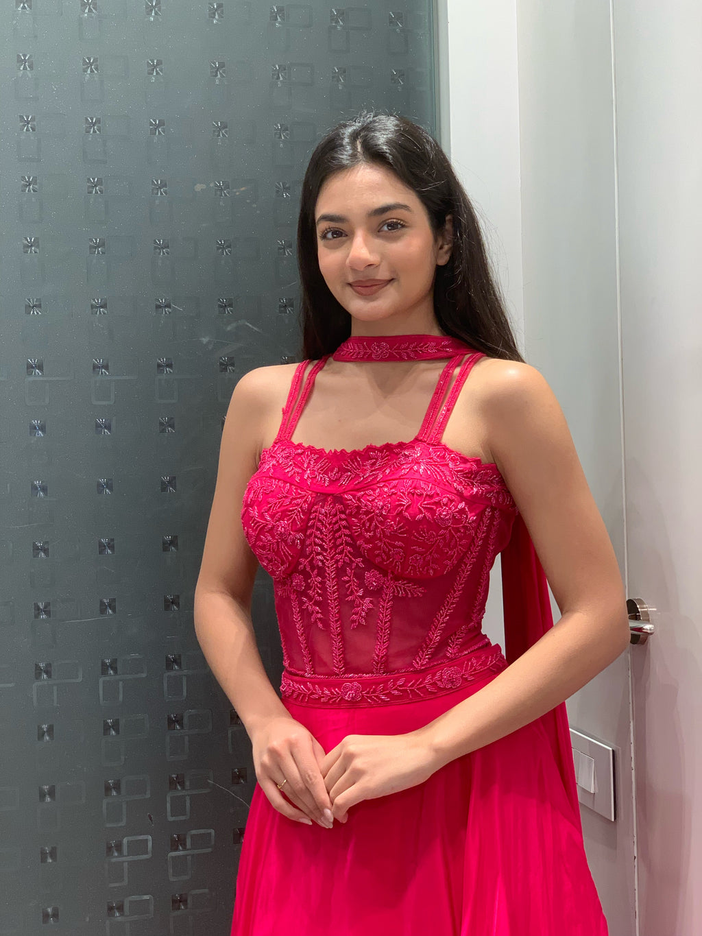 Pink Satin Full Work Corset Blouse & Lehenga