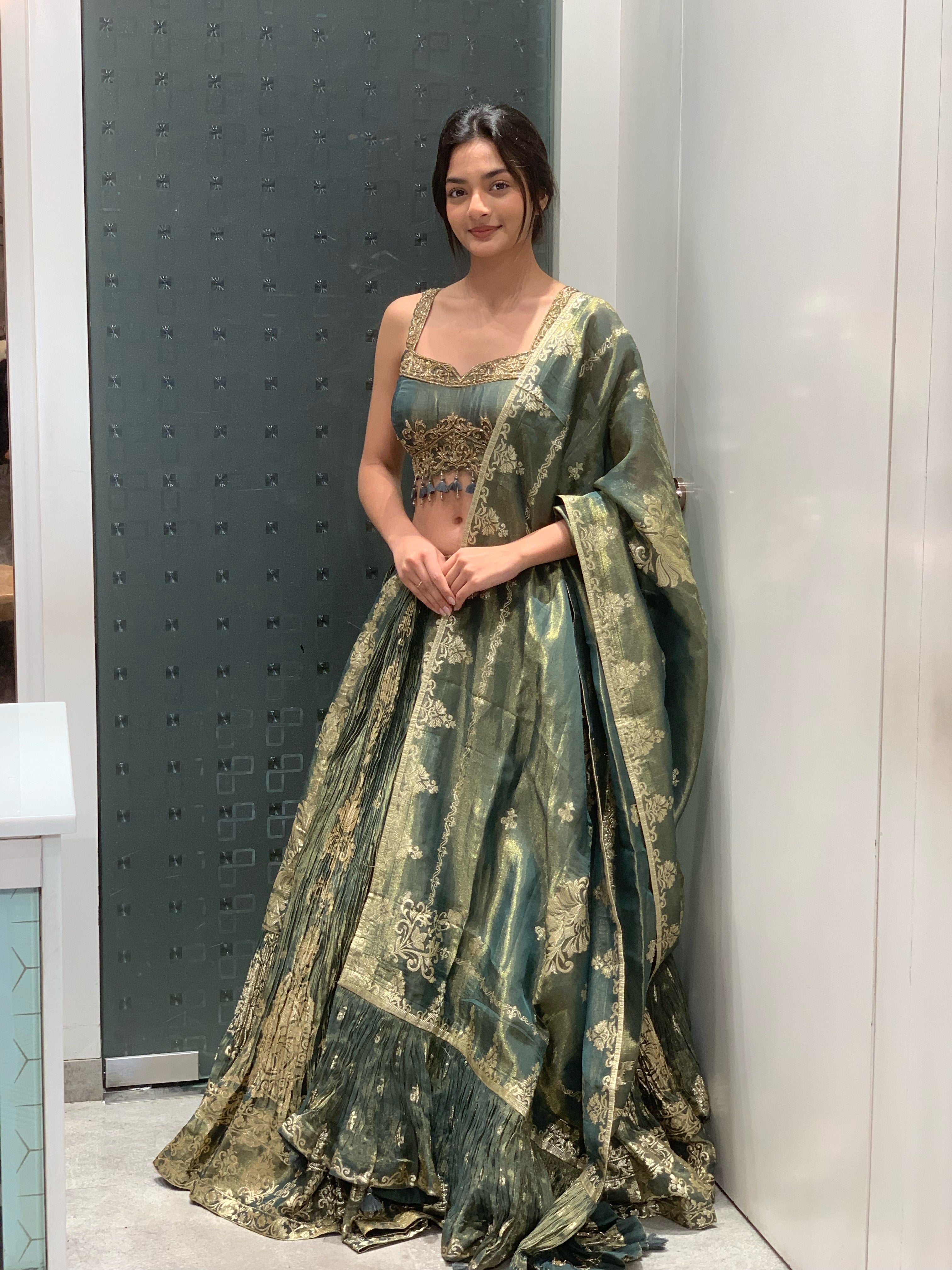 Green Tissue All-Over Printed Lehenga with Ruffle Dupatta