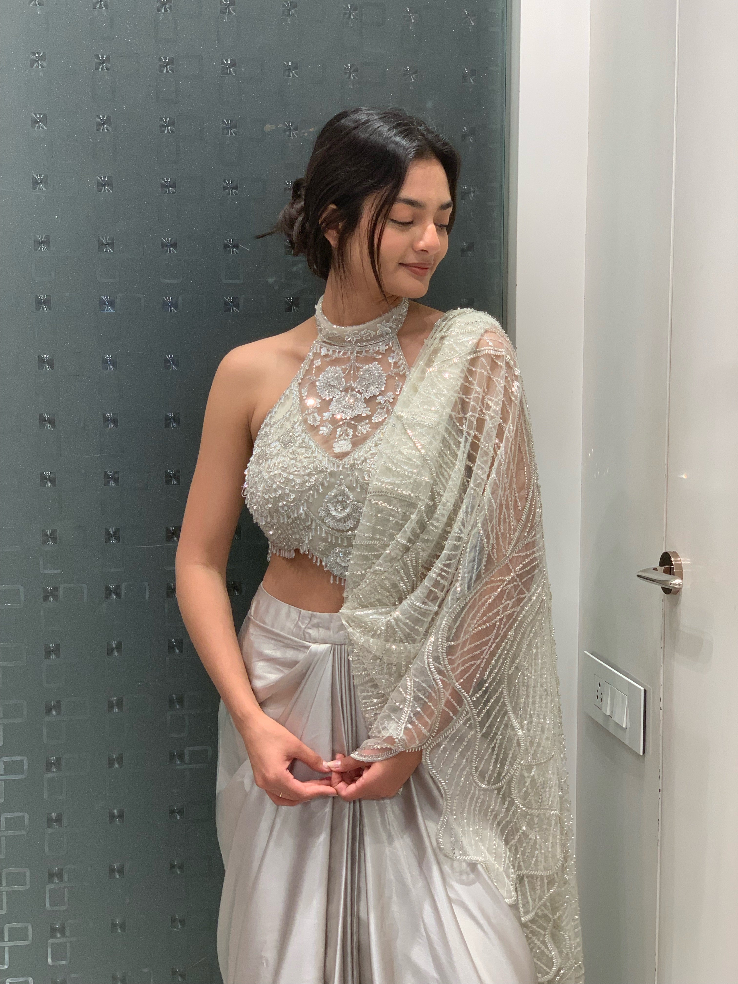 White Net Halter Neck Blouse & Drape Saree