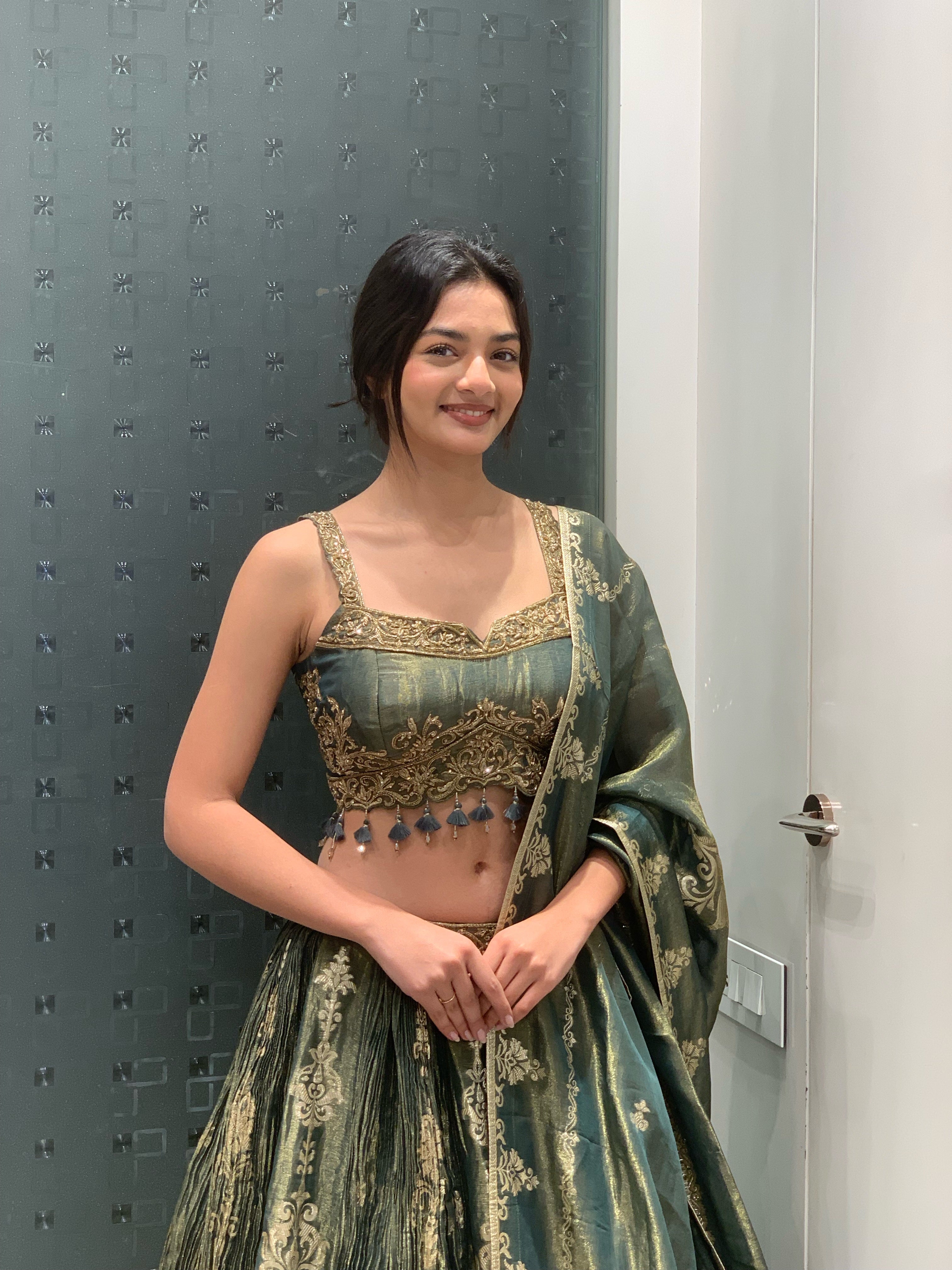 Green Tissue All-Over Printed Lehenga with Ruffle Dupatta