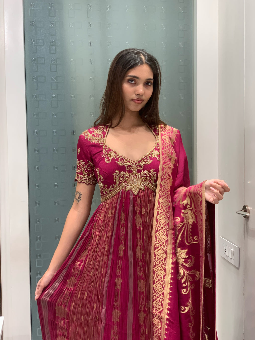 Dark Pink Silk Anarkali Indo Western