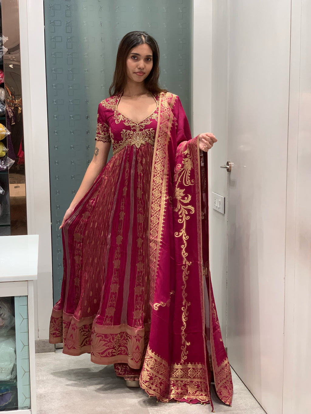 Dark Pink Silk Anarkali Indo Western