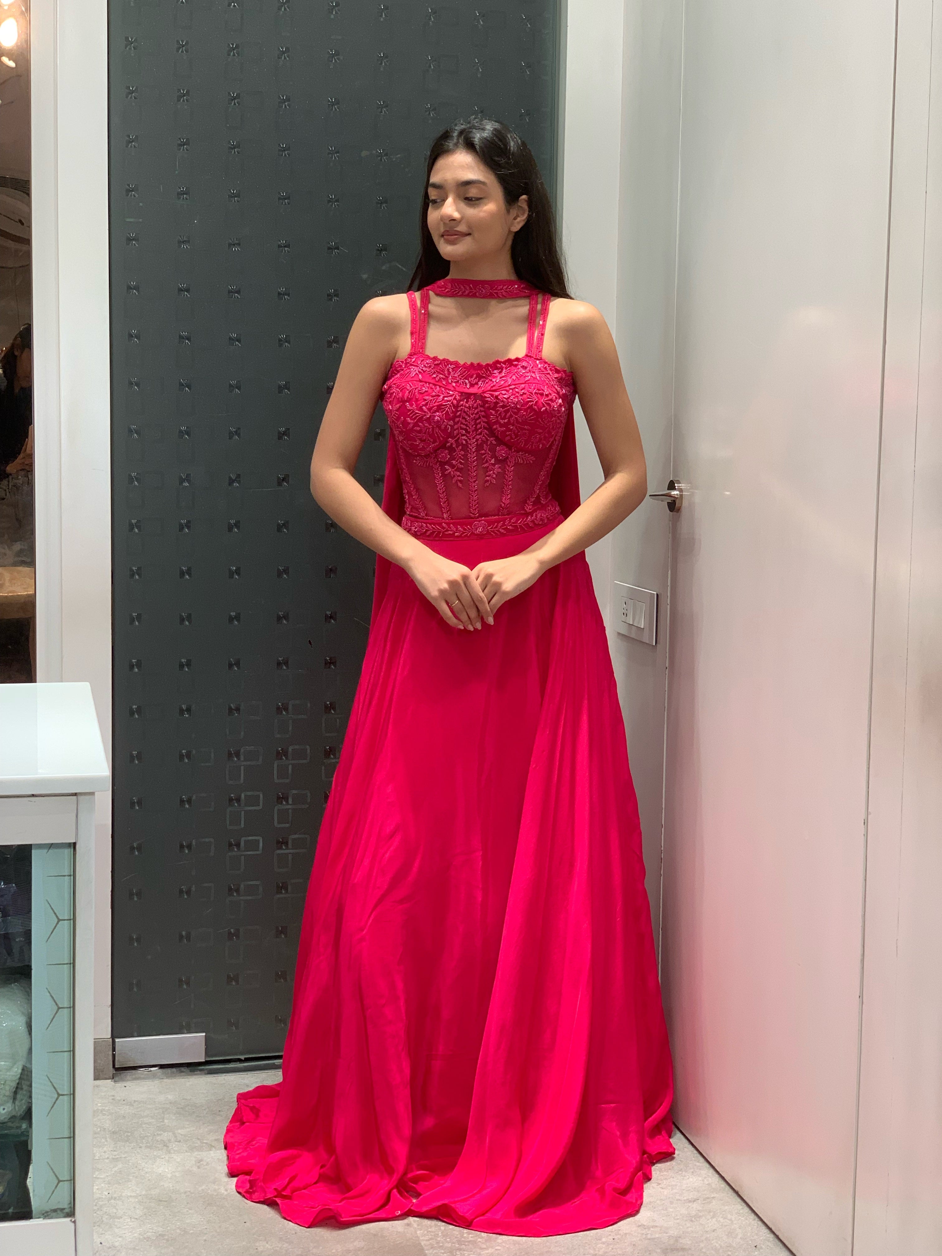 Pink Satin Full Work Corset Blouse & Lehenga