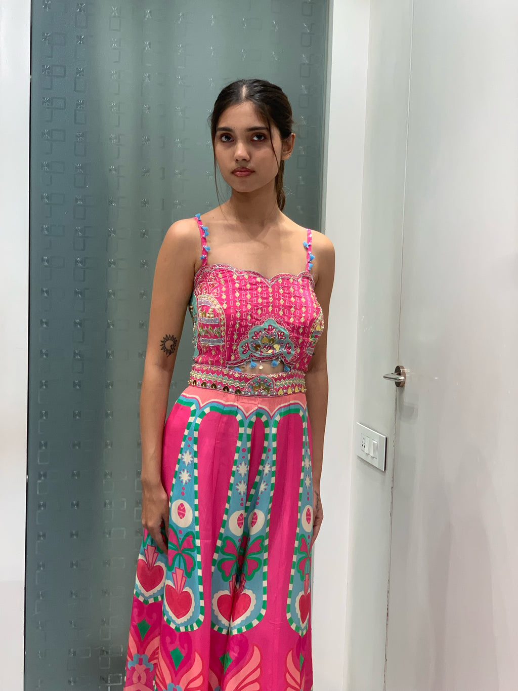 Pink Satin Printed Jumpsuit Indo Western