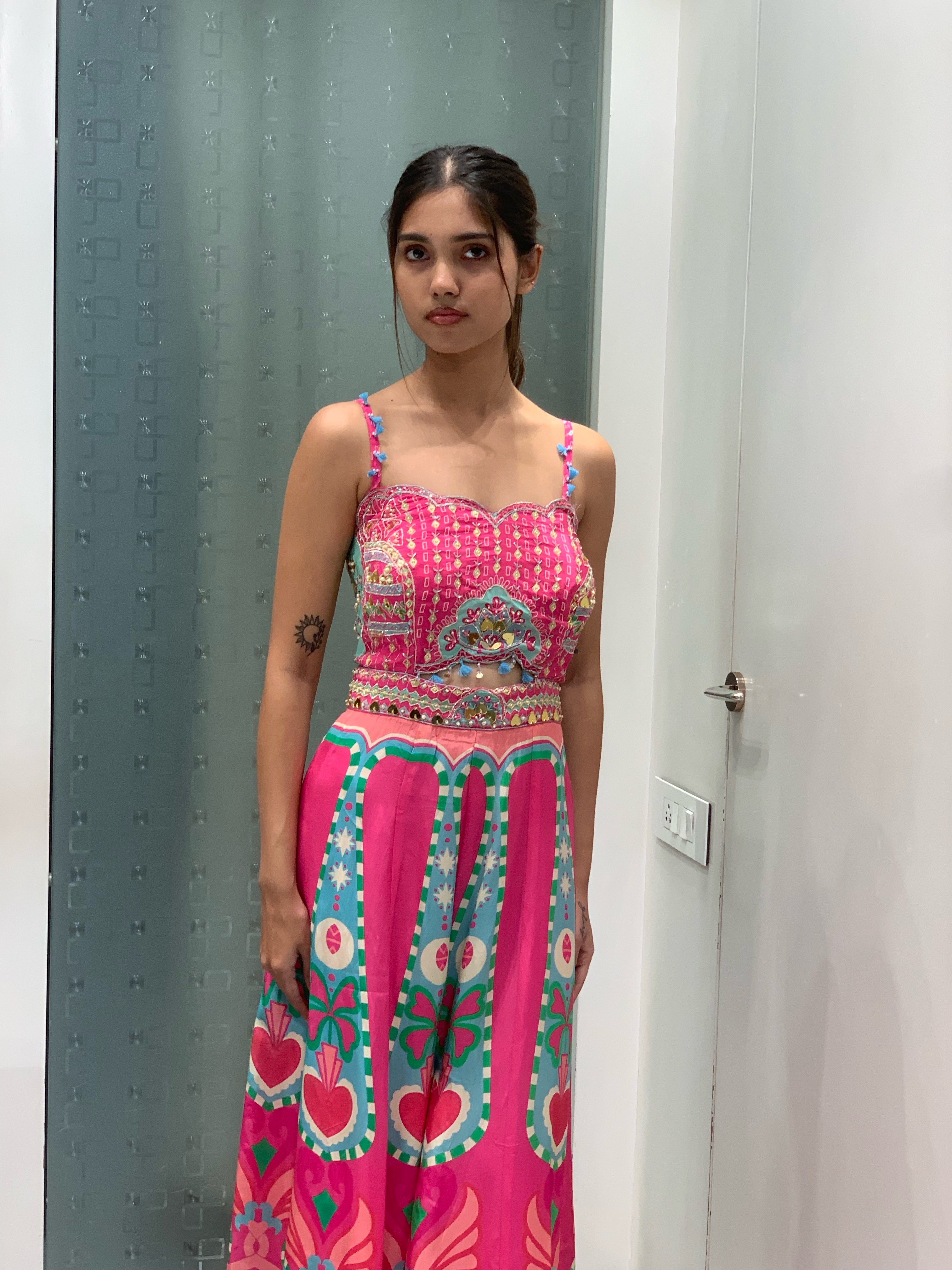Pink Satin Printed Jumpsuit Indo Western