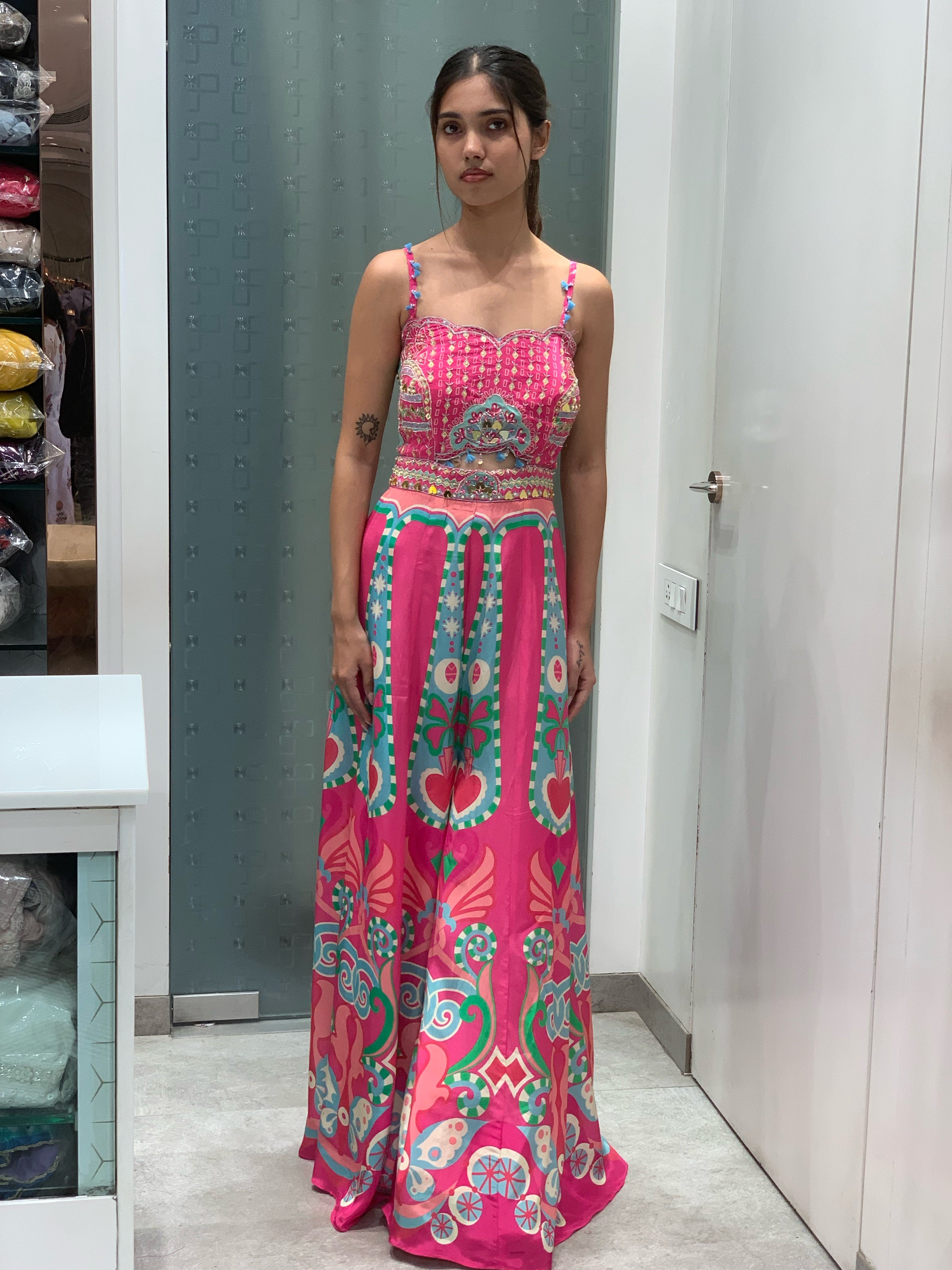 Pink Satin Printed Jumpsuit Indo Western