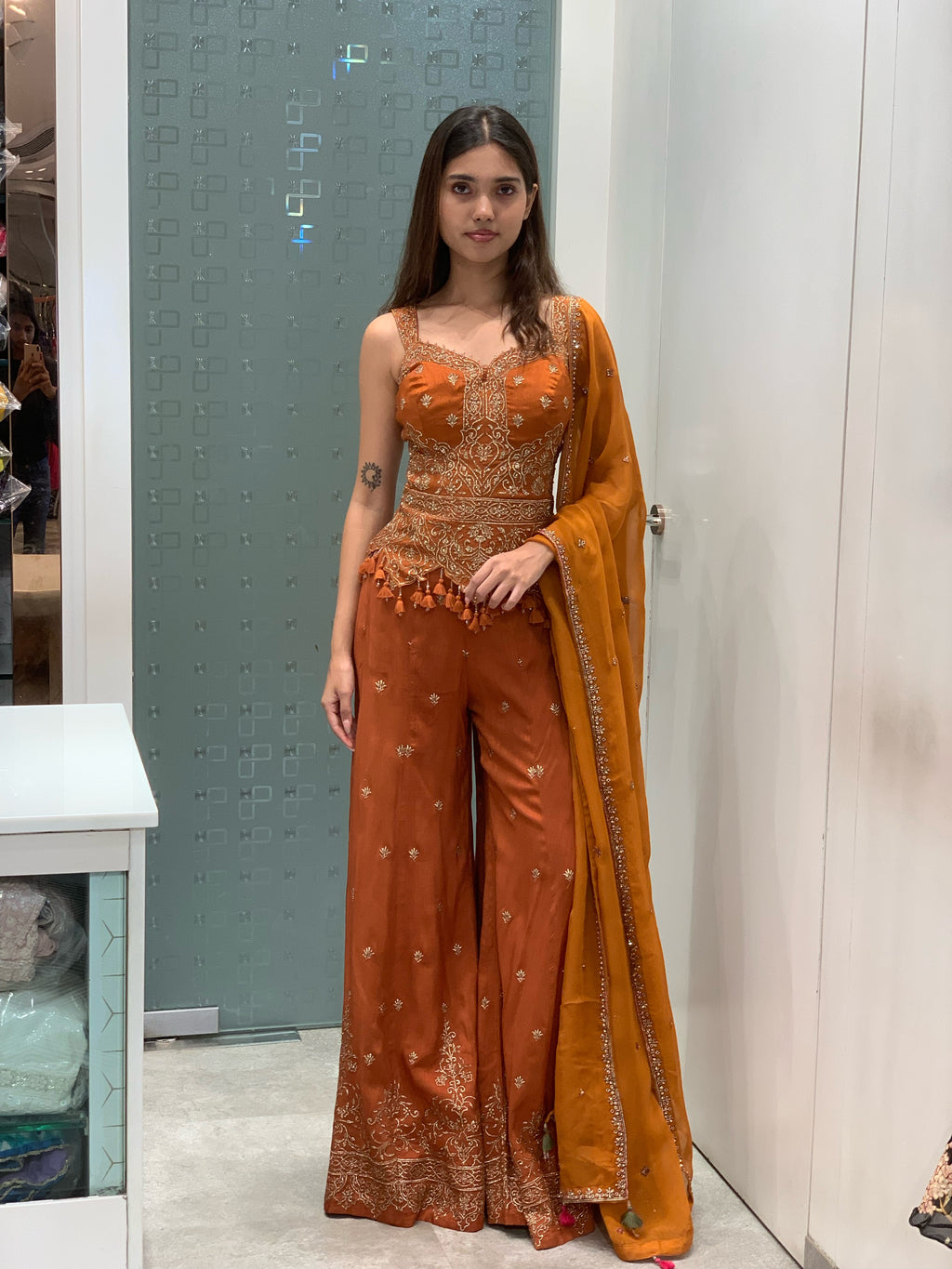 Rust Orange Raw Silk Peplum Top & Flared Pants Indo Western Set