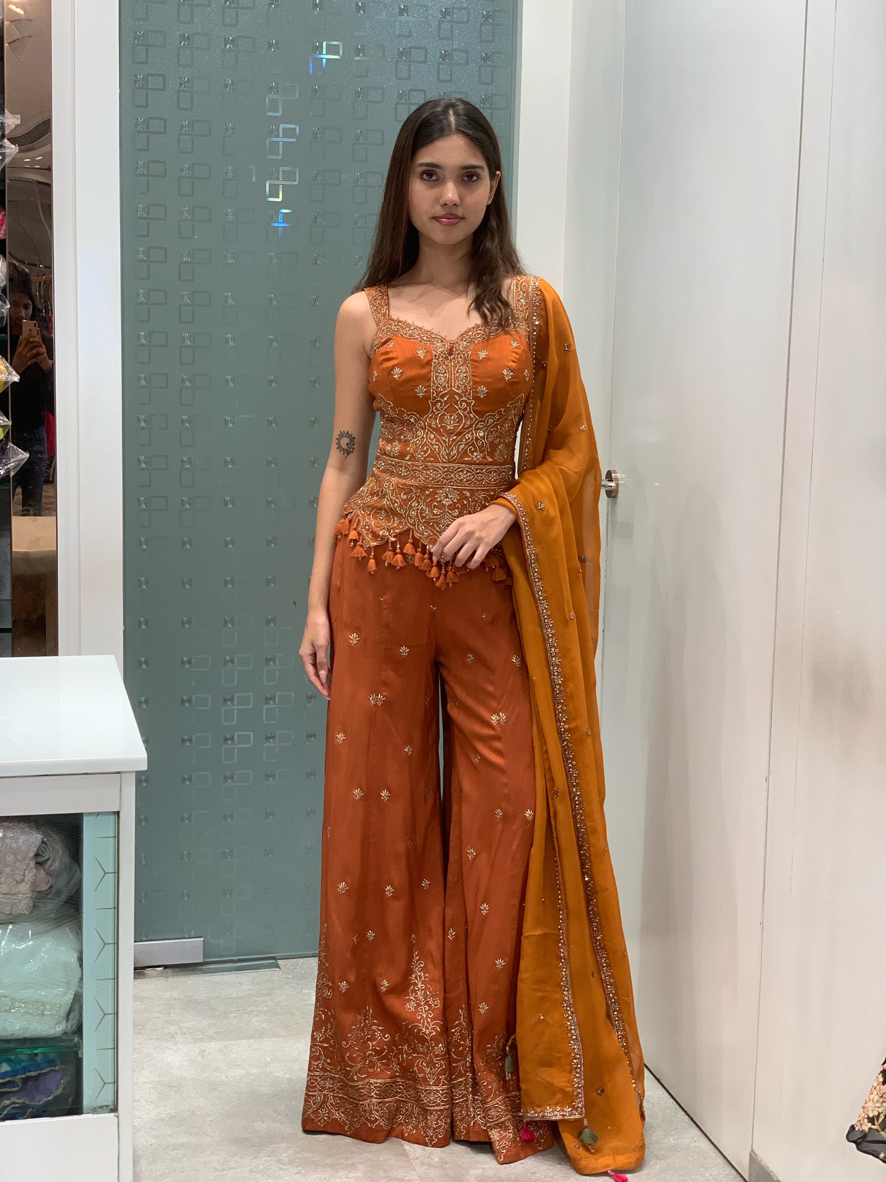 Rust Orange Raw Silk Peplum Top & Flared Pants Indo Western Set
