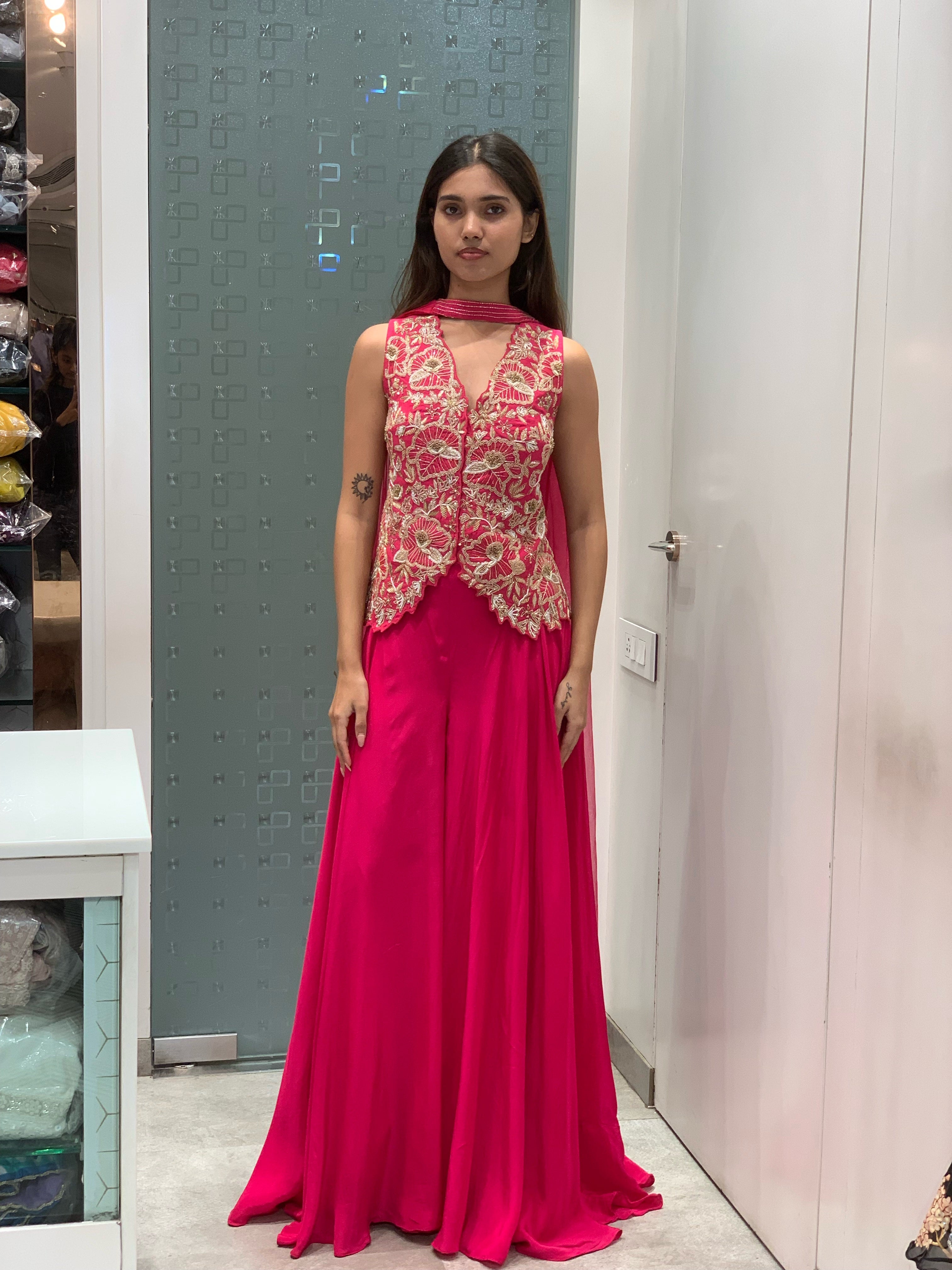 Pink Georgette Vest Top & Flared Pants Indo Western Set