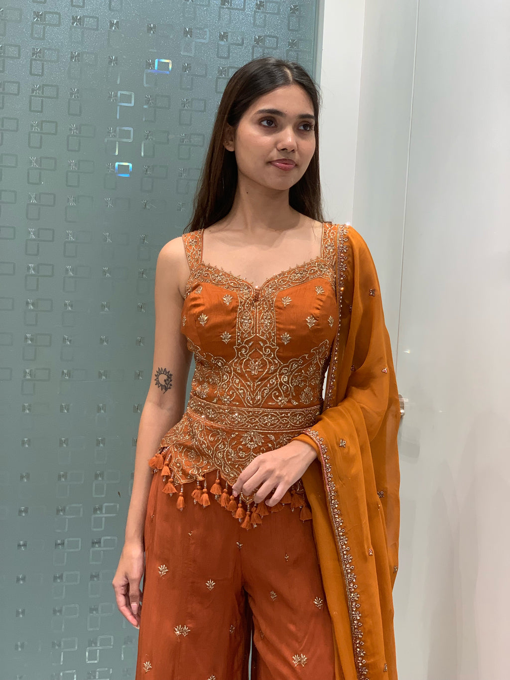 Rust Orange Raw Silk Peplum Top & Flared Pants Indo Western Set