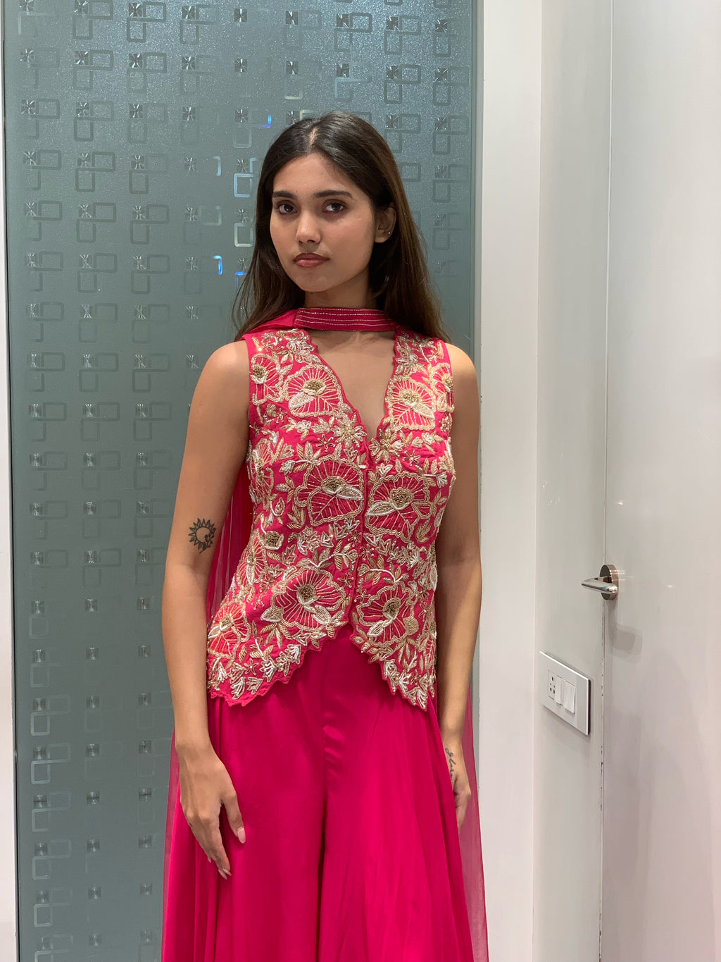 Pink Georgette Vest Top & Flared Pants Indo Western Set