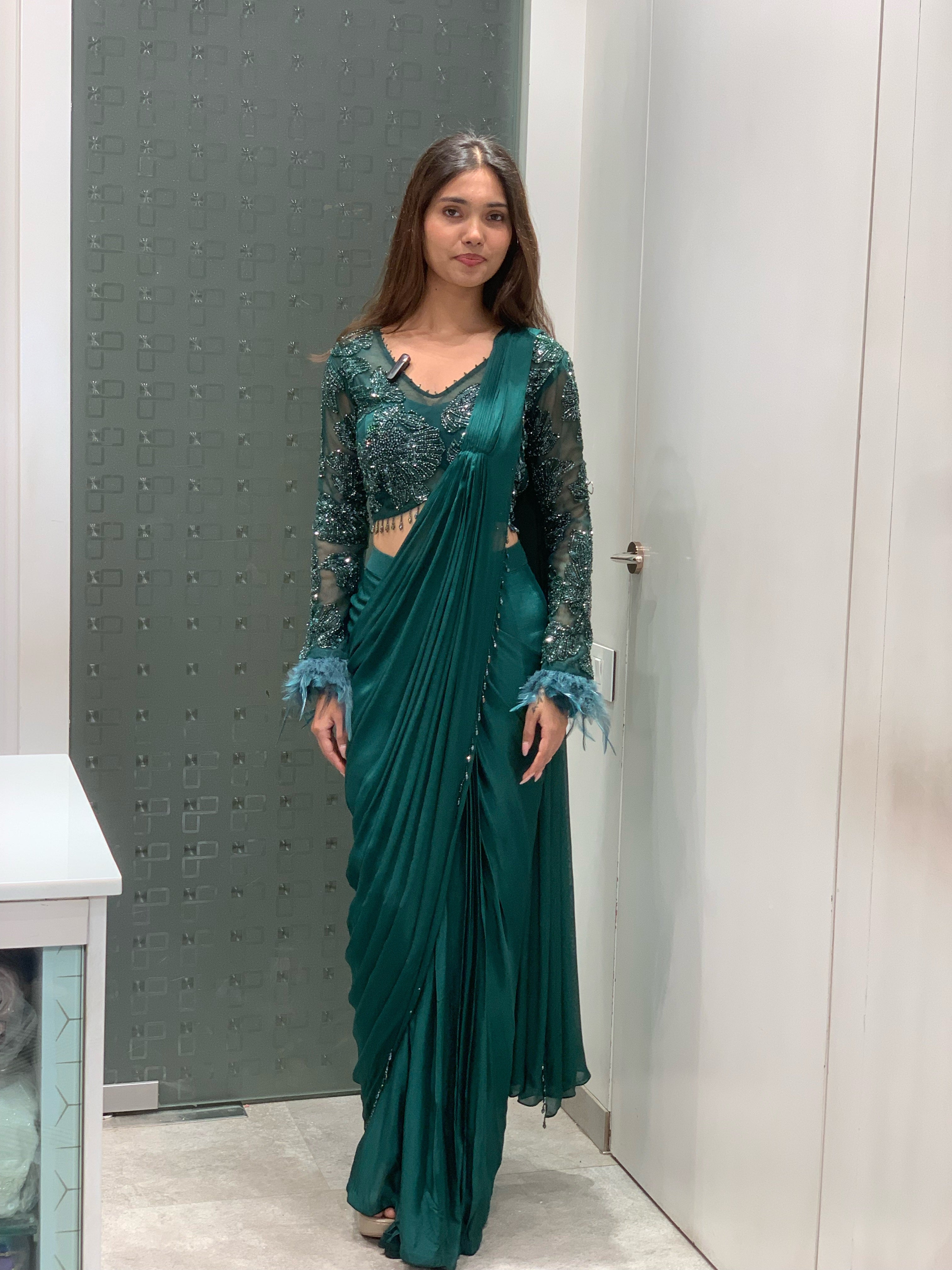Green Full Sleeve Blouse & Drape Saree