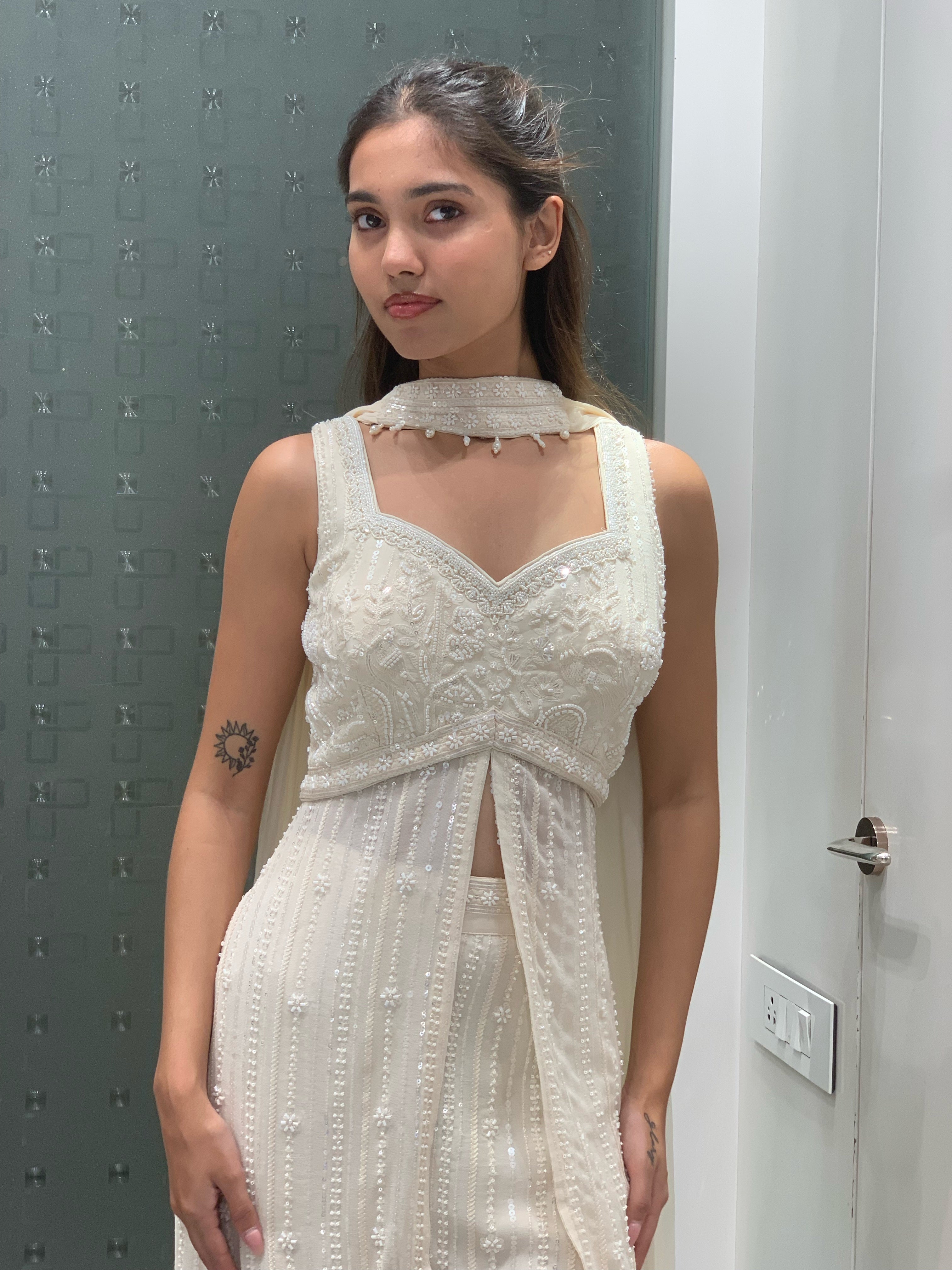 Off White Raw Silk Middle Slit Short Kurti & Sharara Pants Set