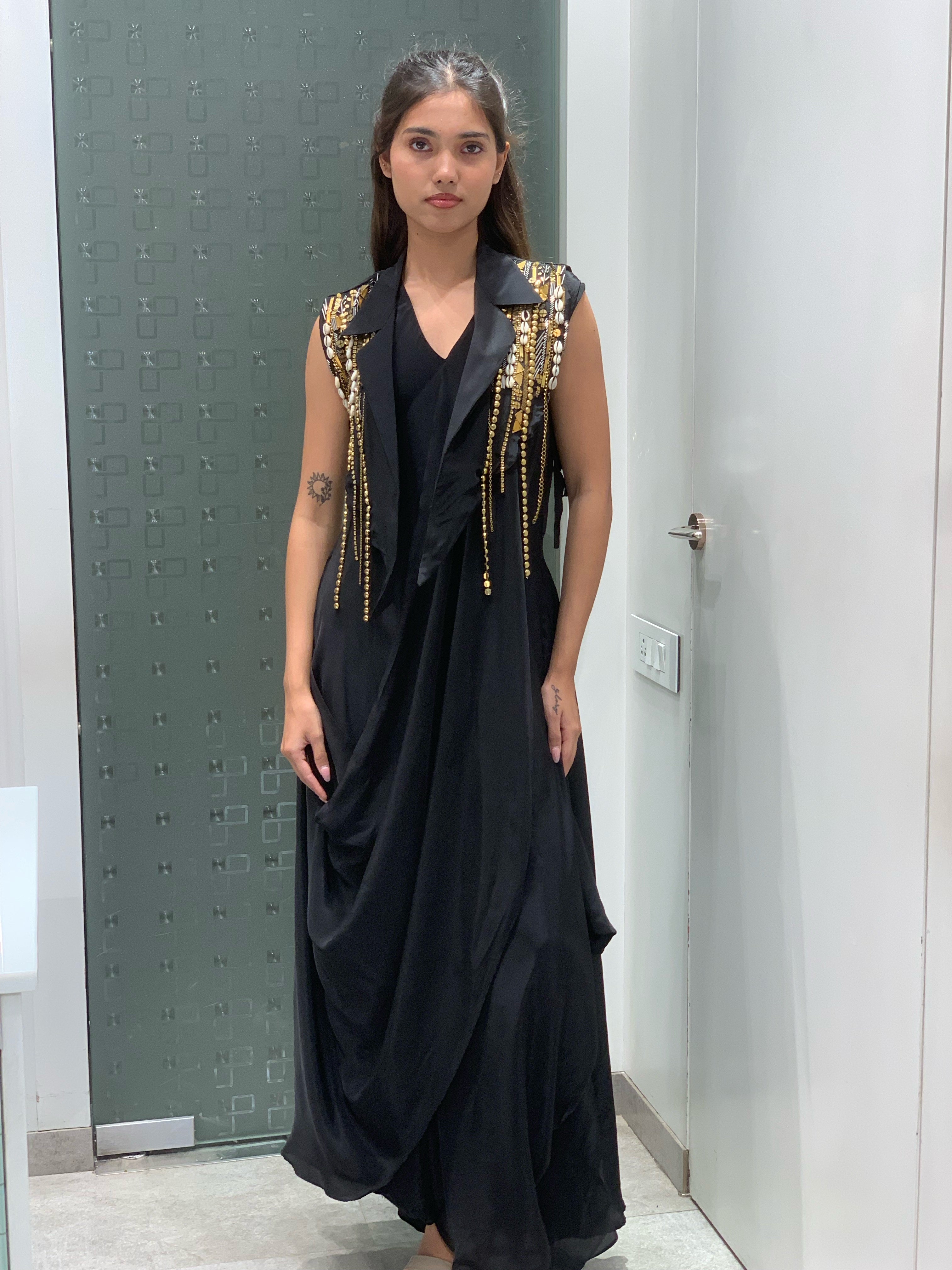 Black Satin Cowl Gown with Complete Work Cape