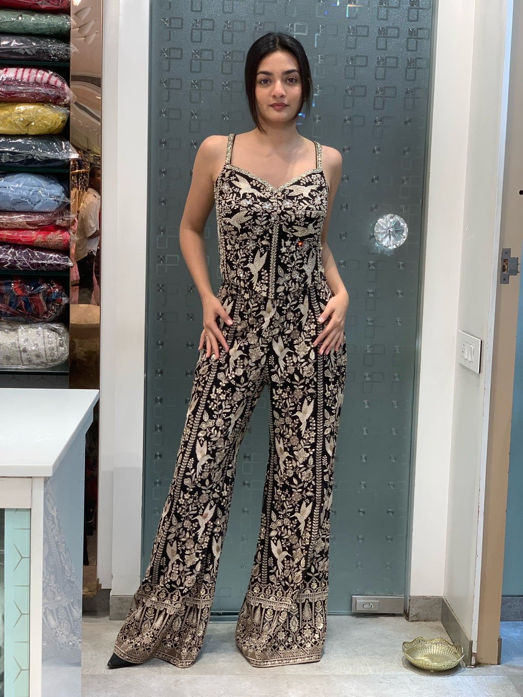 Black Thread Work Indo Western Corset Blouse & Bell Bottom Pants