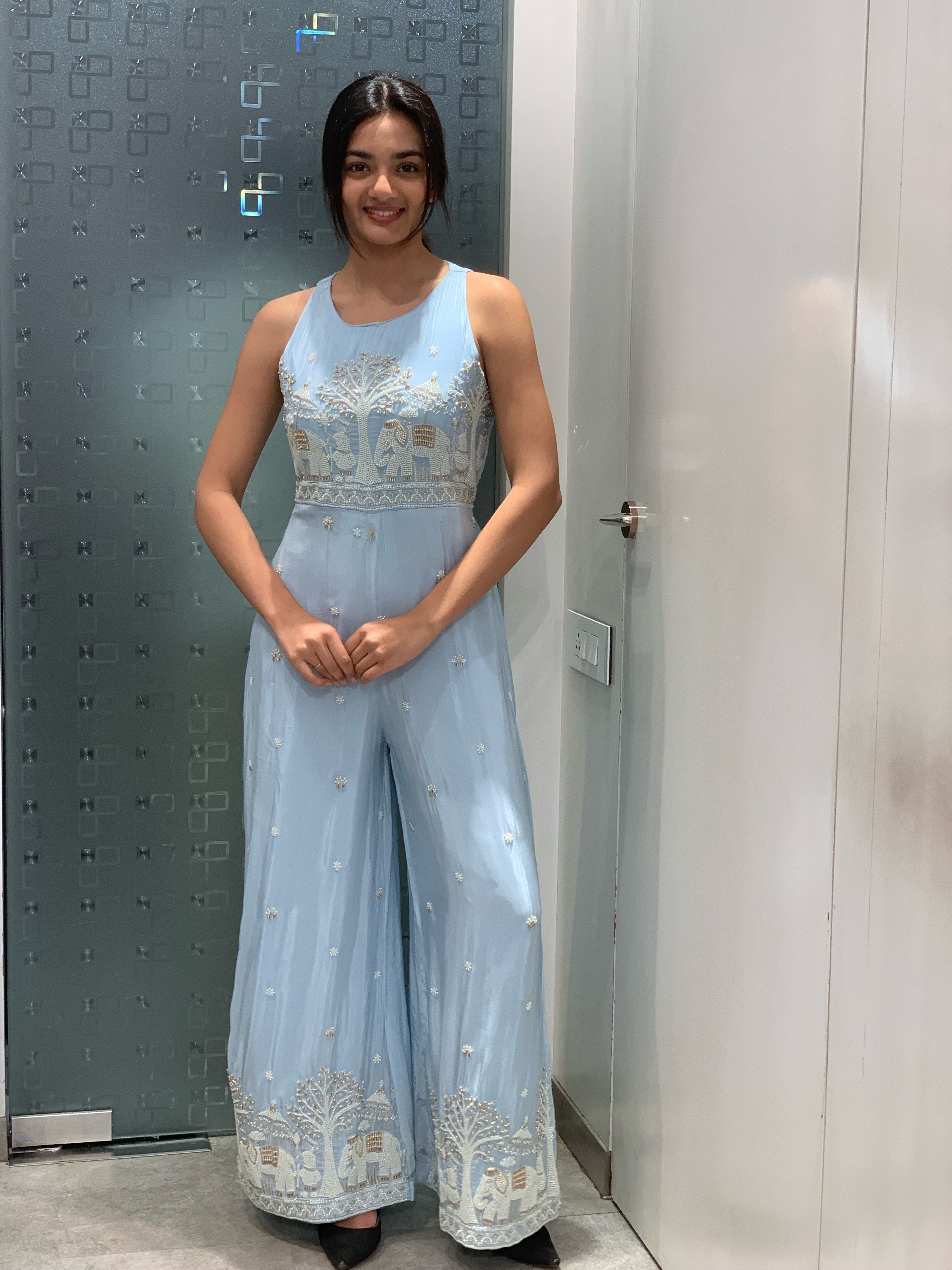 Ice Blue Satin Moti Yoke Work Jumpsuit Indo Western