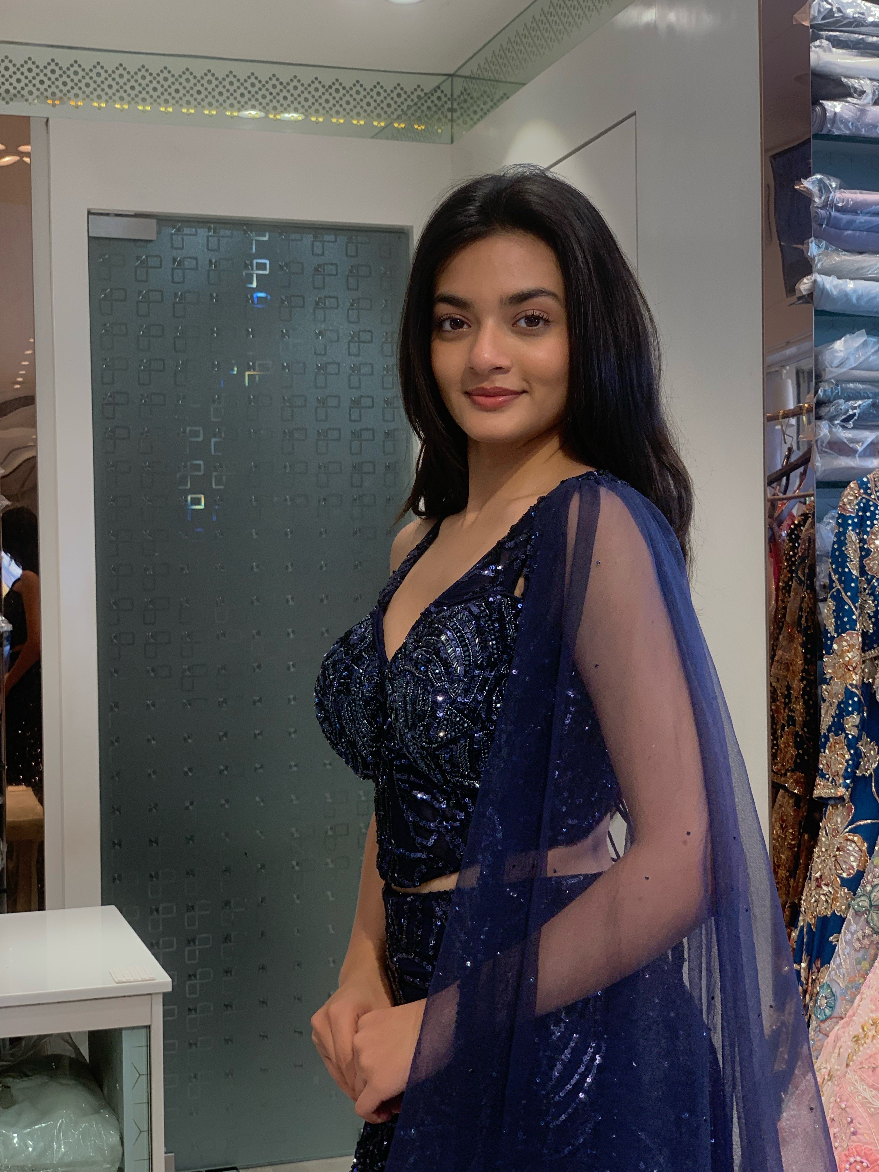 Dark Blue Net One Side Falling Sleeve Short Blouse & Fish Cut Lehenga