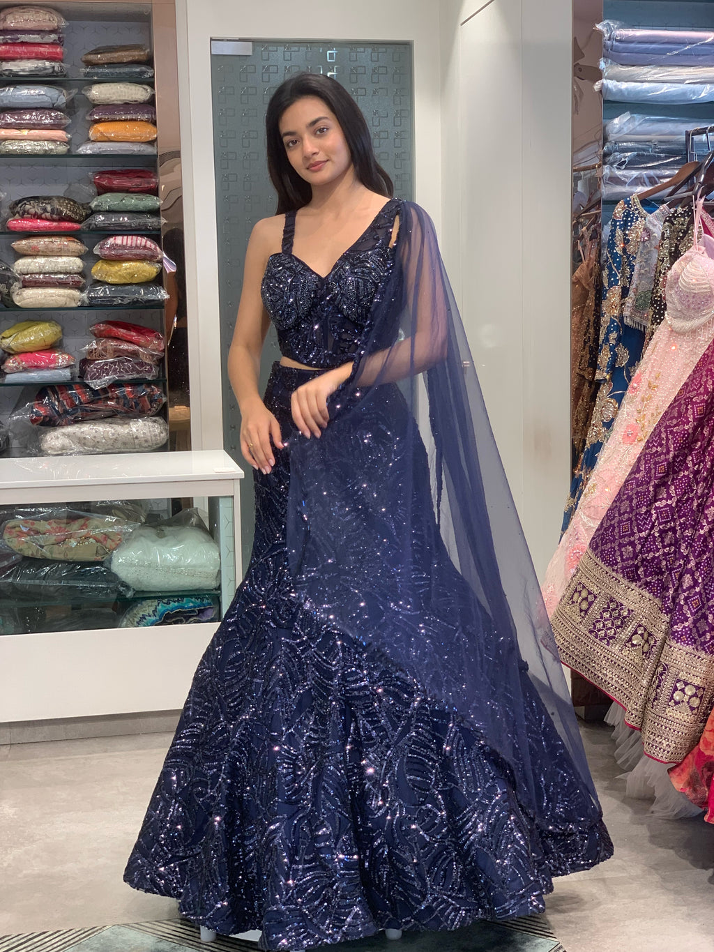Dark Blue Net One Side Falling Sleeve Short Blouse & Fish Cut Lehenga