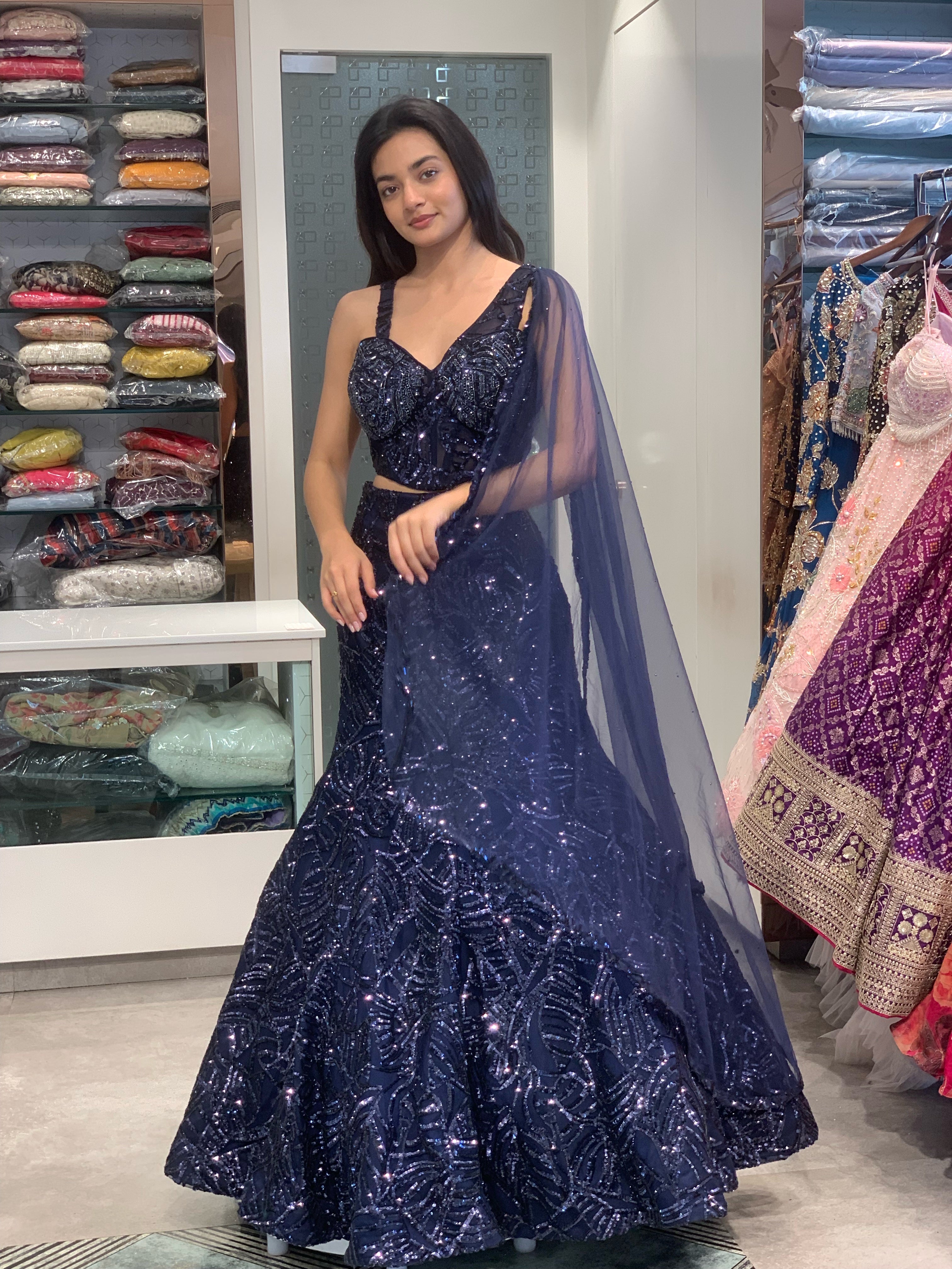 Dark Blue Net One Side Falling Sleeve Short Blouse & Fish Cut Lehenga