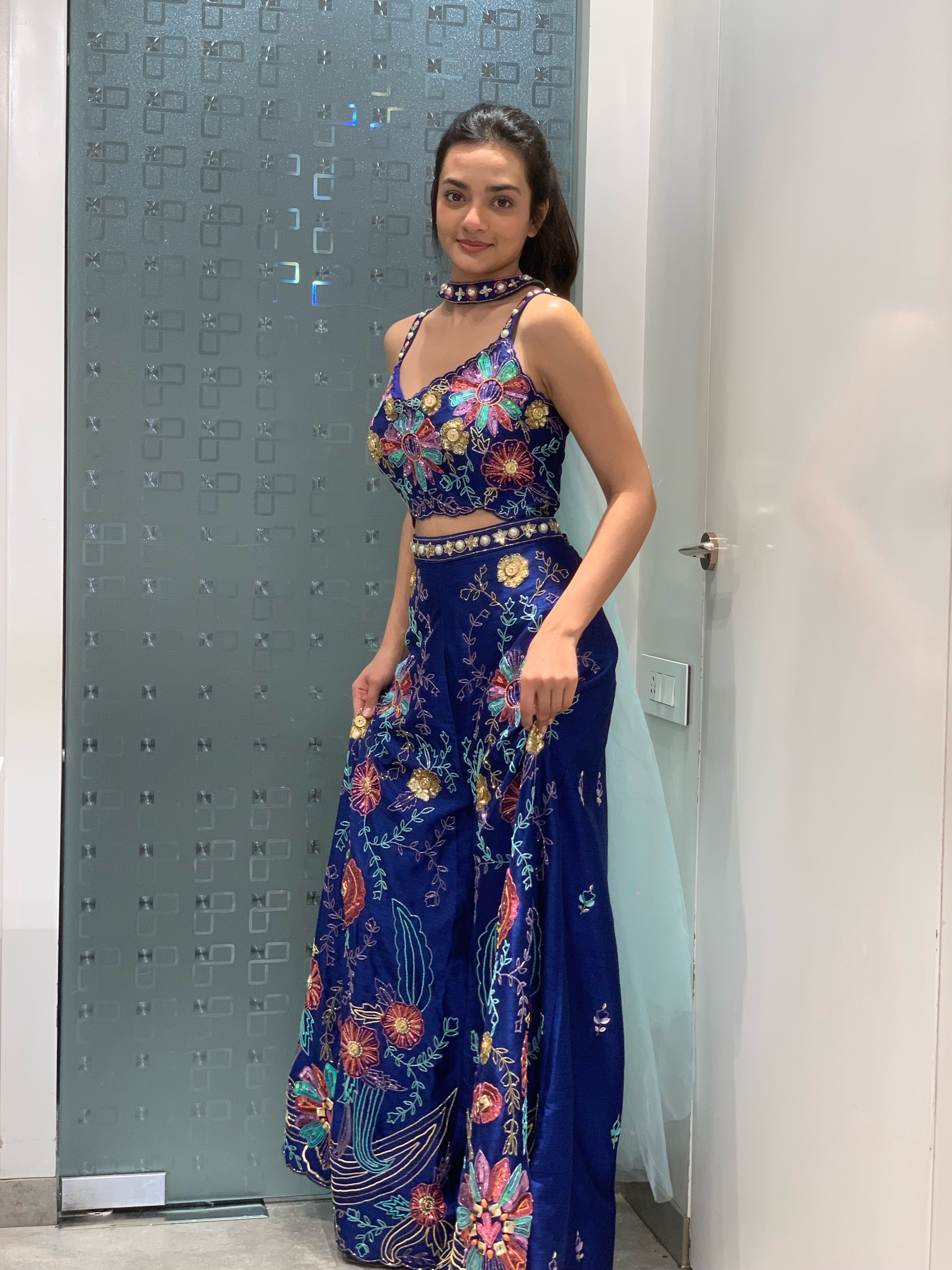Navy Blue & Dark Teal Raw Silk Indo Western Jumpsuit