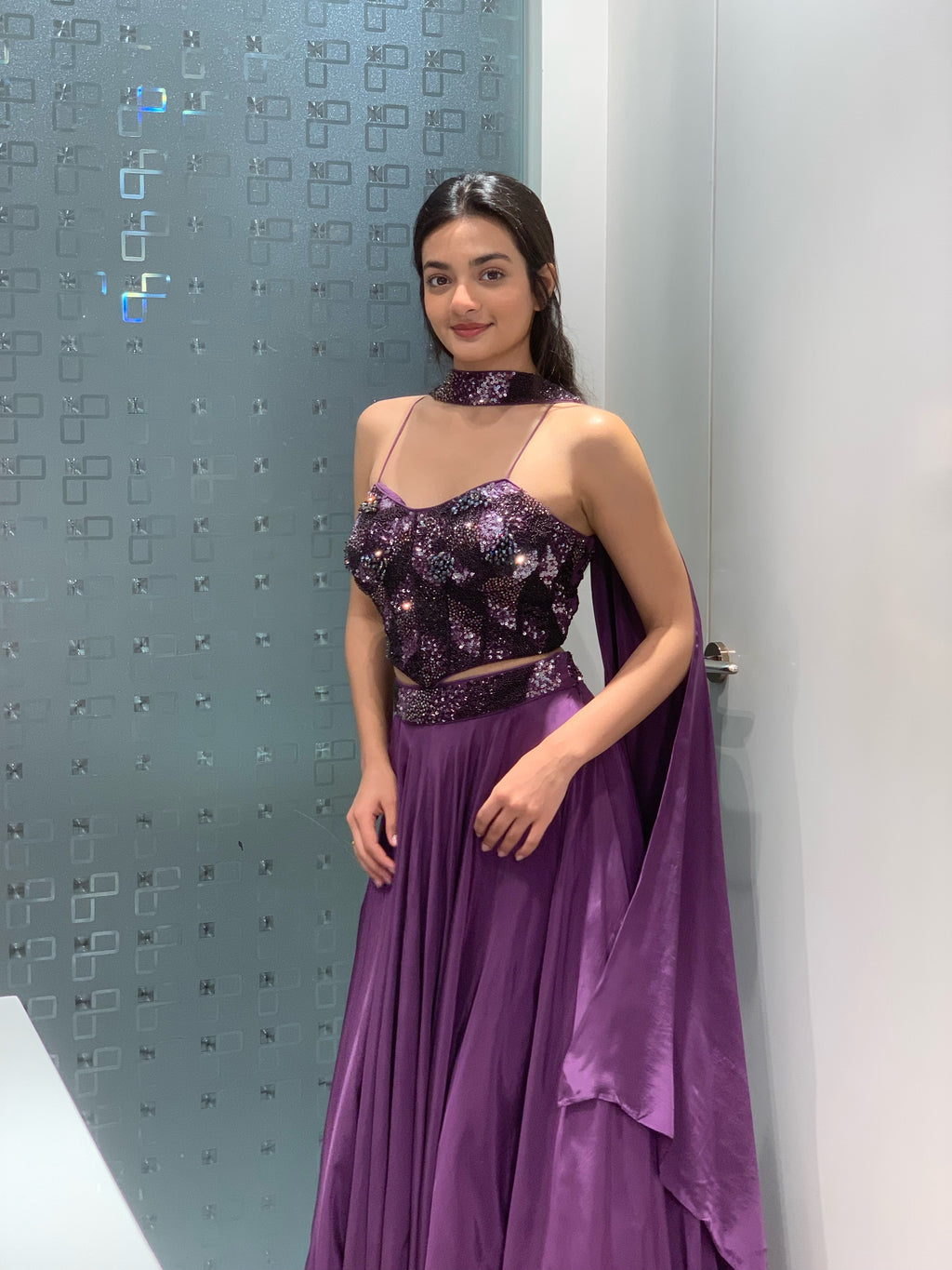 Purple Satin Full Work Corset Top & Lehenga