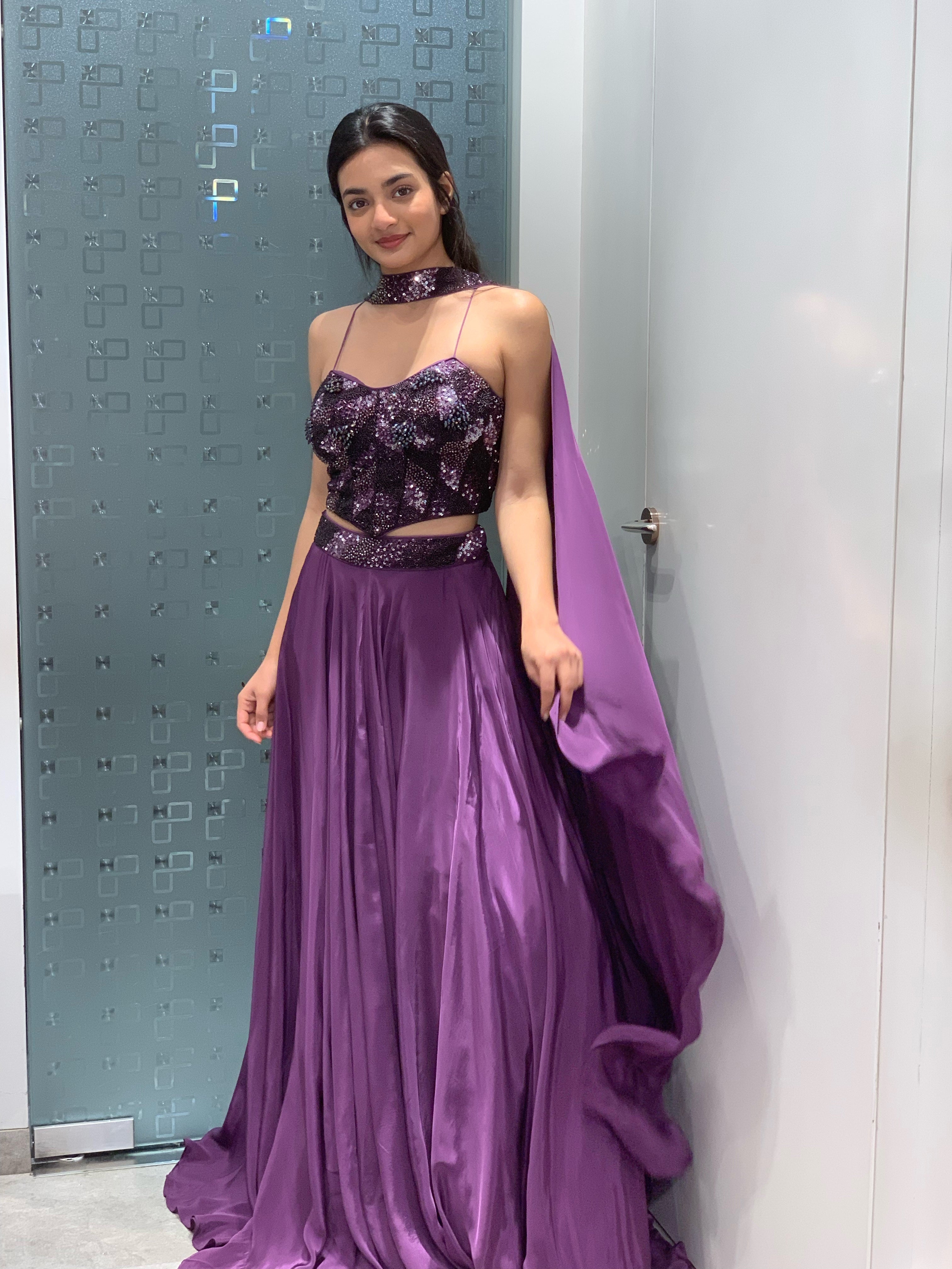 Purple Satin Full Work Corset Top & Lehenga