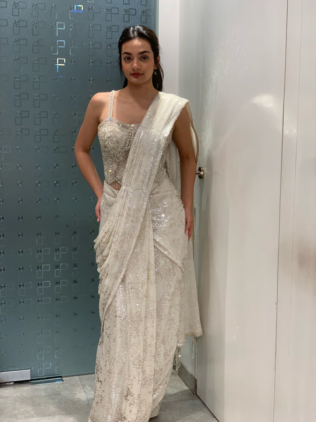 White Net Corset Blouse & Drape Saree