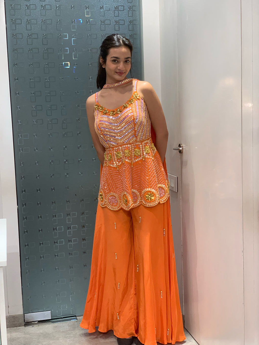 Orange Satin Silk Complete Handwork Peplum Top & Sharara Set