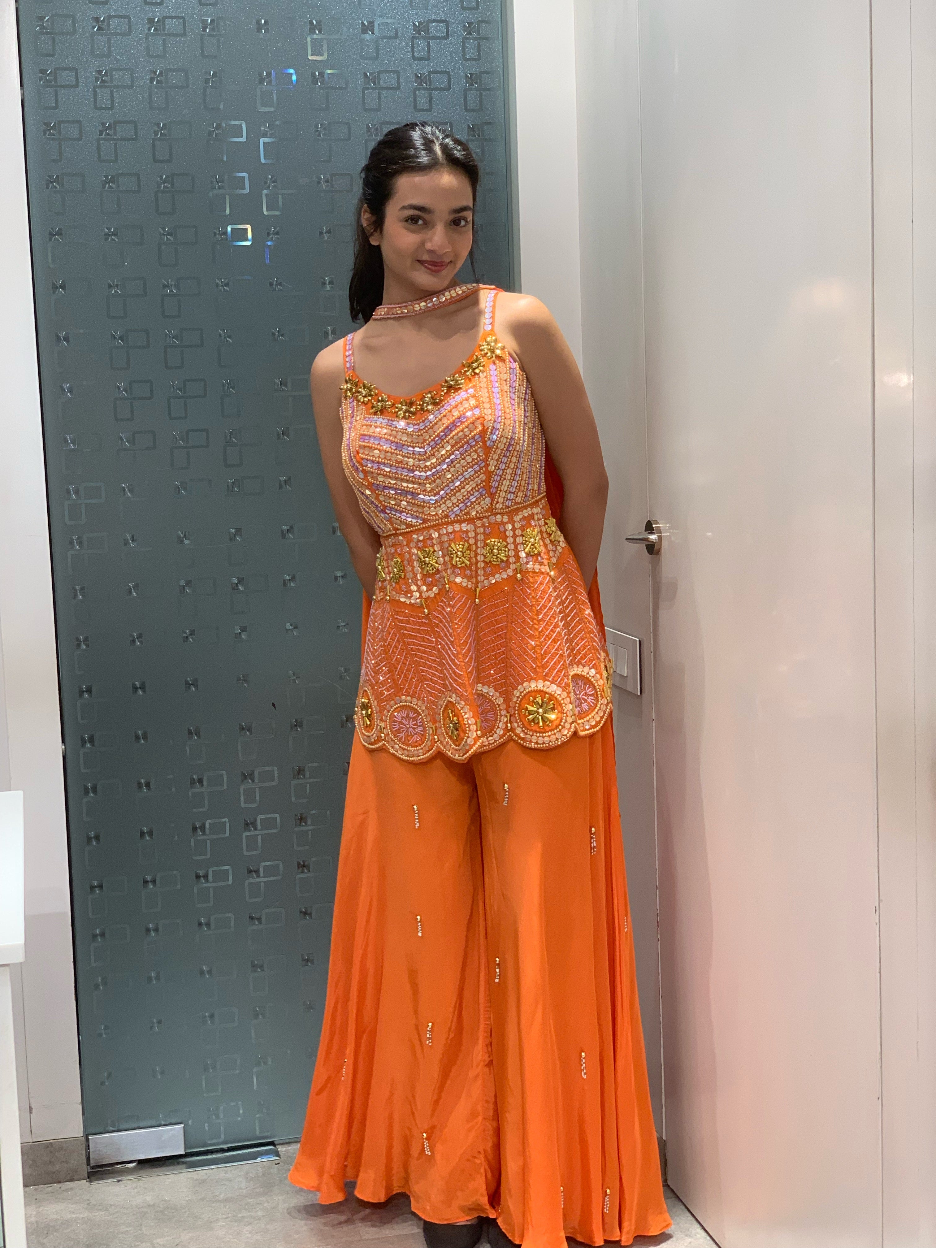 Orange Satin Silk Complete Handwork Peplum Top & Sharara Set