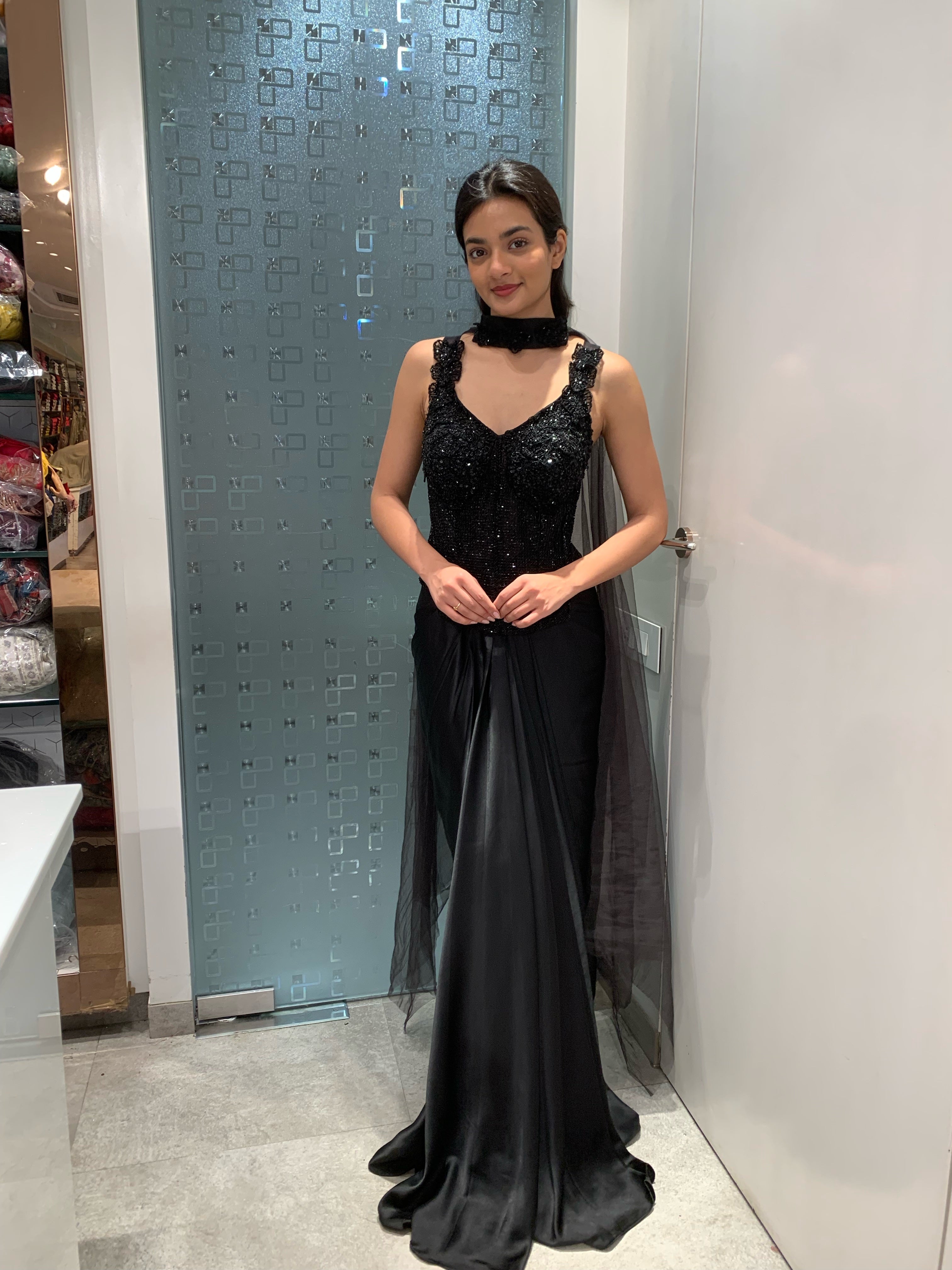 Black Satin Corset Blouse & Drape Skirt Indo Western Set